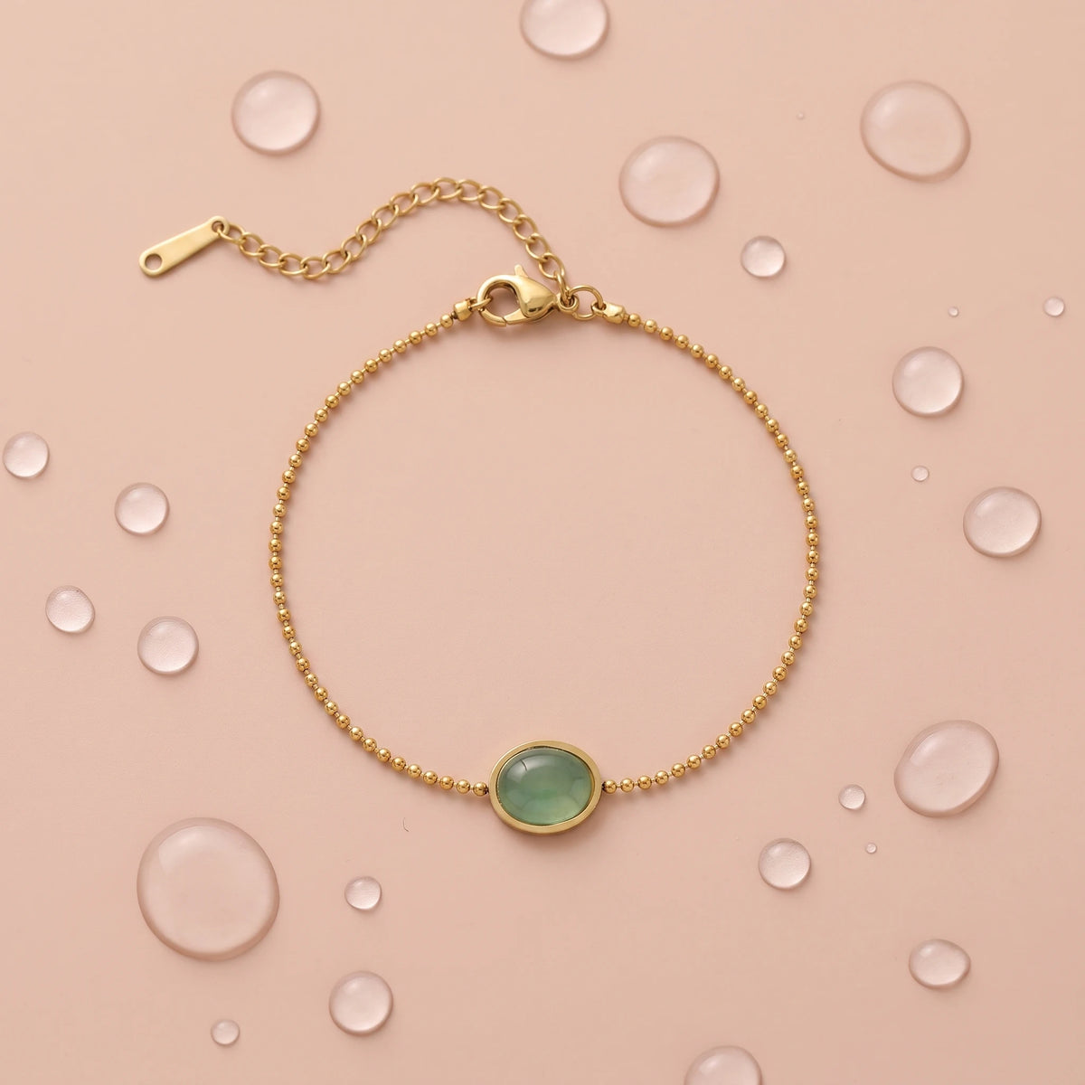 QIAOREN 13303 Dainty Ball Chain Bracelet Gold Stainless Steel Oval Natural Green Jade Stone Lobster Clasp Extender Waterproof