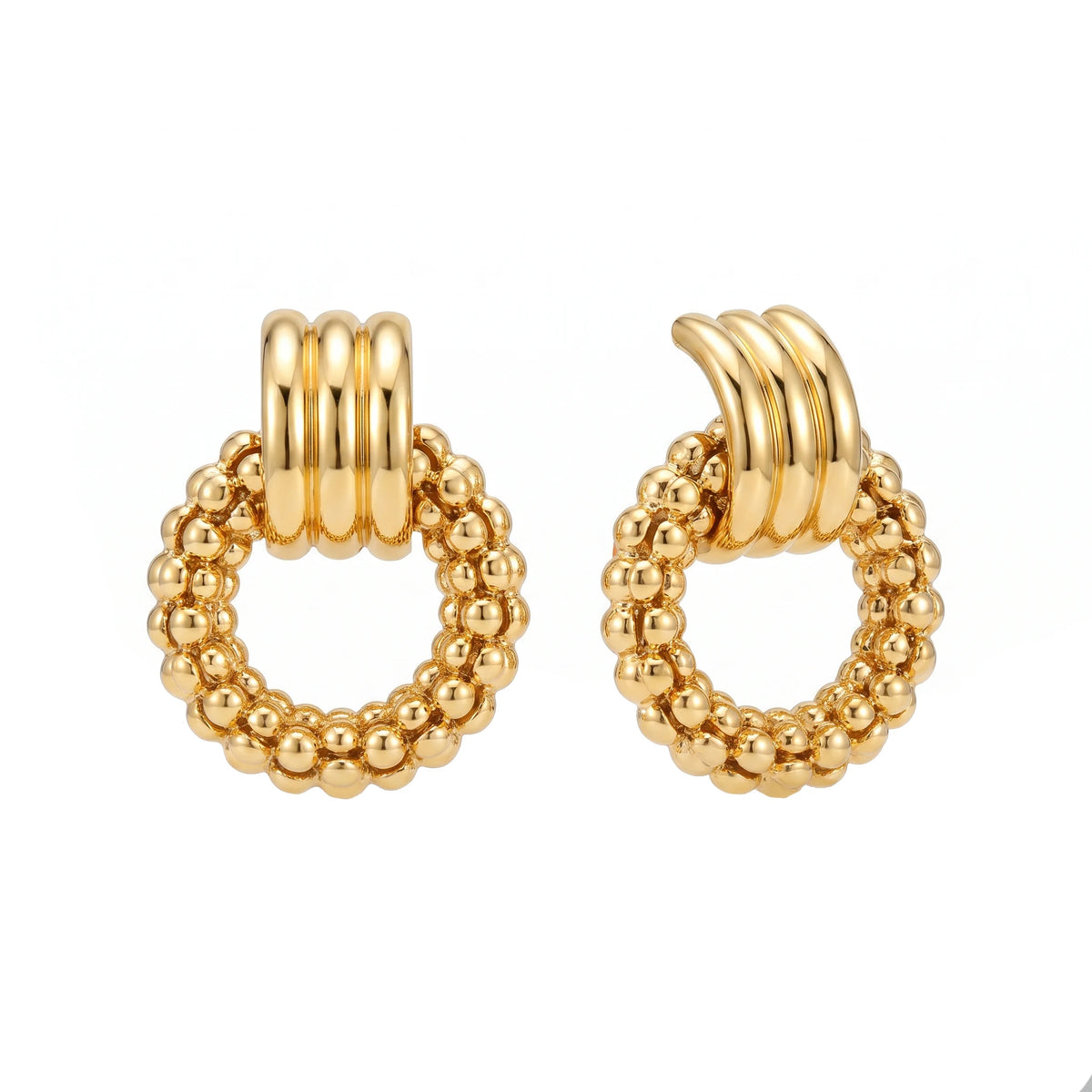 QIAOREN 14539 Ridged Buckle Beaded Ring Stud Earrings, Textured Circle & Grooved Polished Gold  Hypoallergenic Jewelry Gift