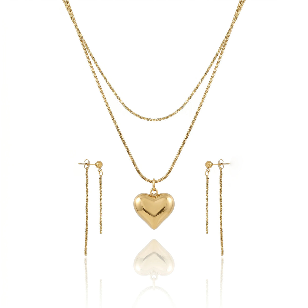 QIAOREN 12862 Waterproof Puffy Heart Necklace & Drop Earrings Set, Tarnish Free 18K Gold Plated Layered Jewelry for Women