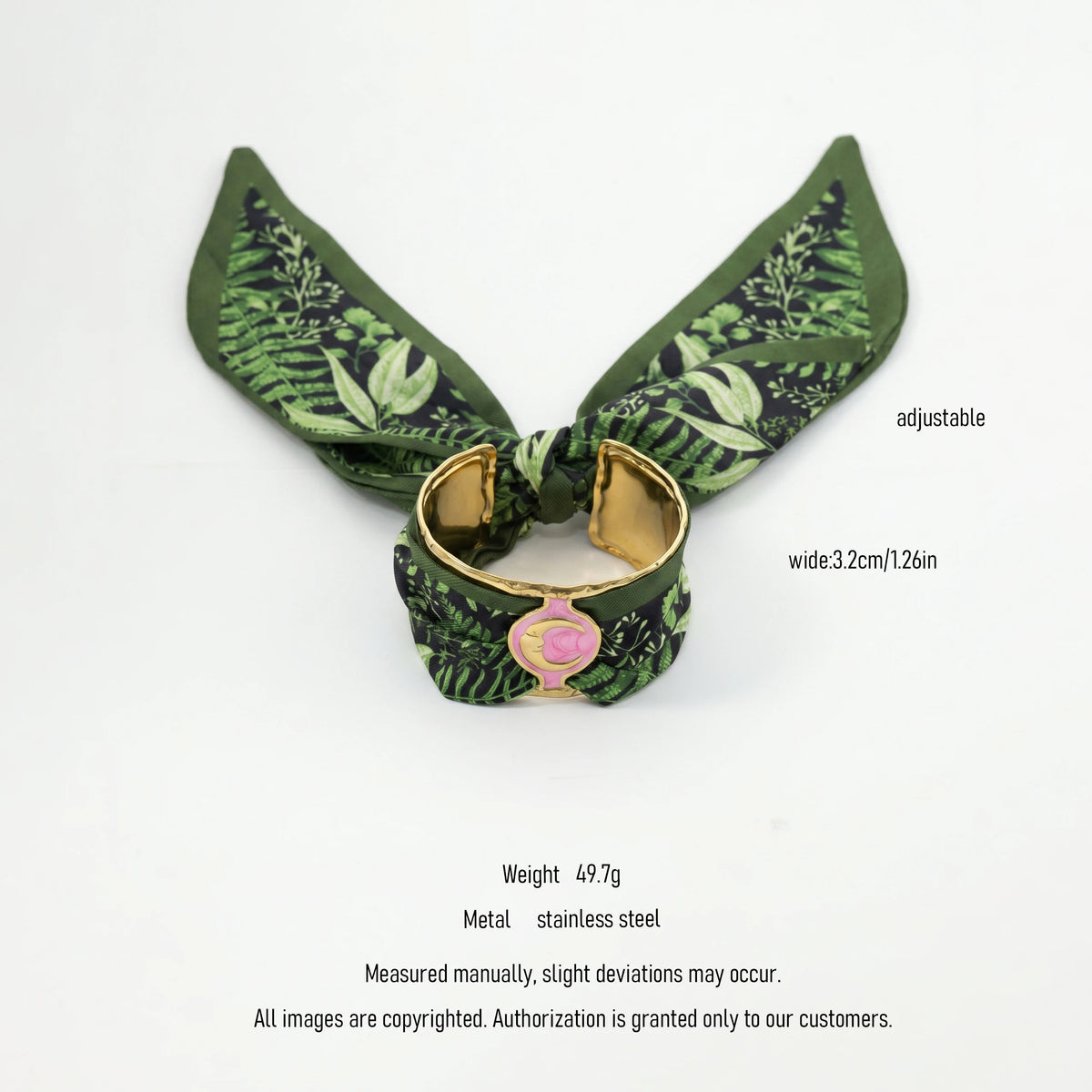 QIAOREN 11005 Tropical Leaf Print Scarf Bracelet Gold Stainless Steel Adjustable Cuff Beach Vacation Jewelry for Women
