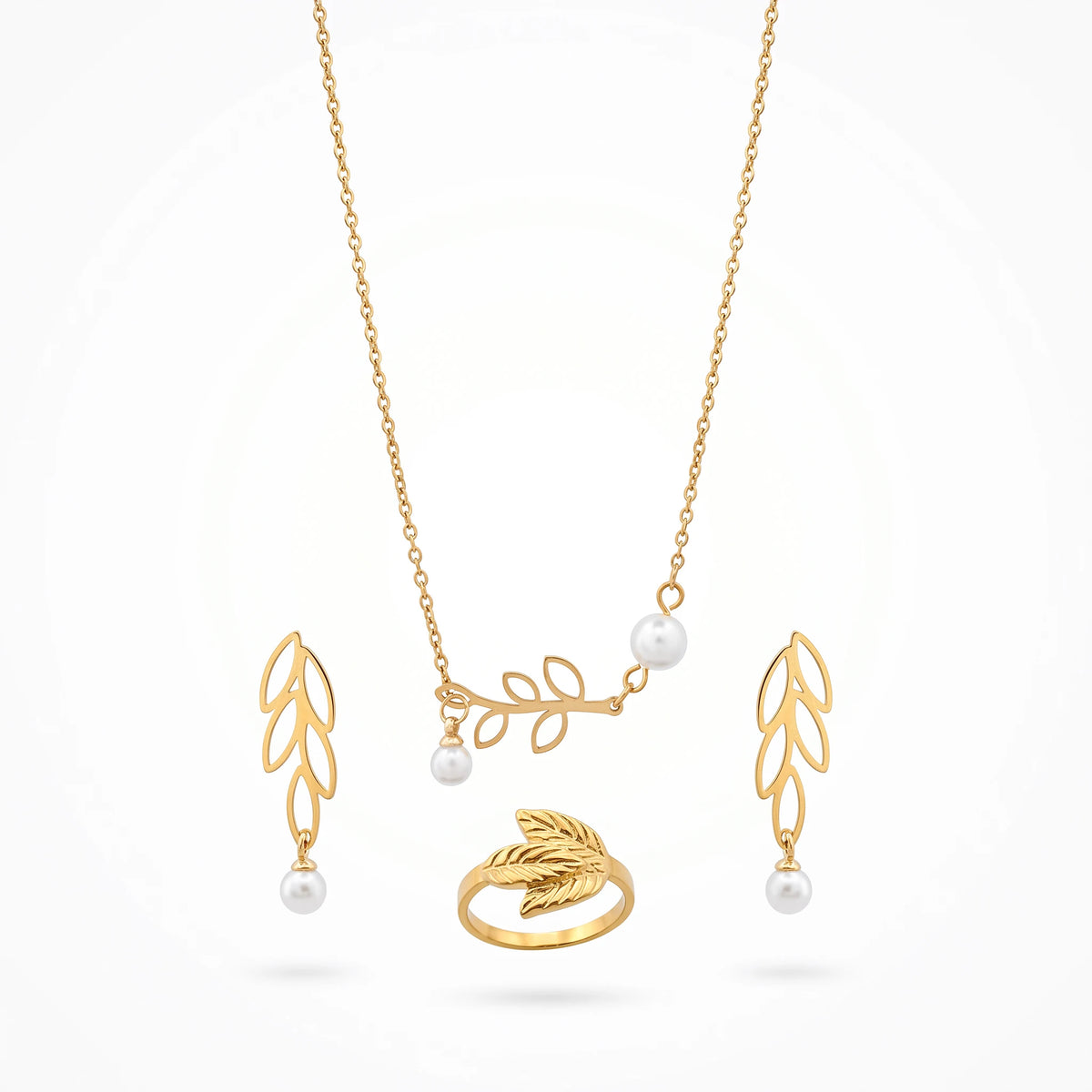 QIAOREN 10674 Elegant Hypoallergenic Gold Plated Stainless Steel Jewelry Set Pendant Necklace Dangle Earrings Ring Daily Wear