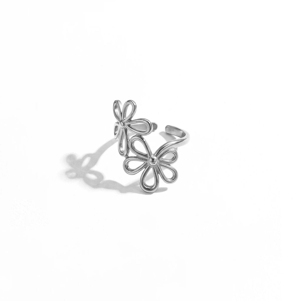 QIAOREN Stainless Steel PVD Gold Adjustable Open Rings Mixed Flower Leaf Geometric Hollow Stack Finger Jewelry For Women