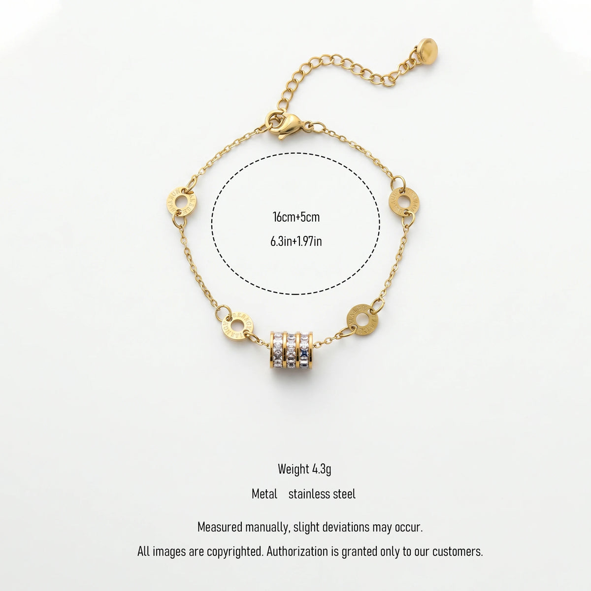 QIAOREN 13314 Luxury Crystal Rolling Bead Bracelet 18K Gold Plated Stainless Steel Engraved Round Disc Lobster Clasp Chain