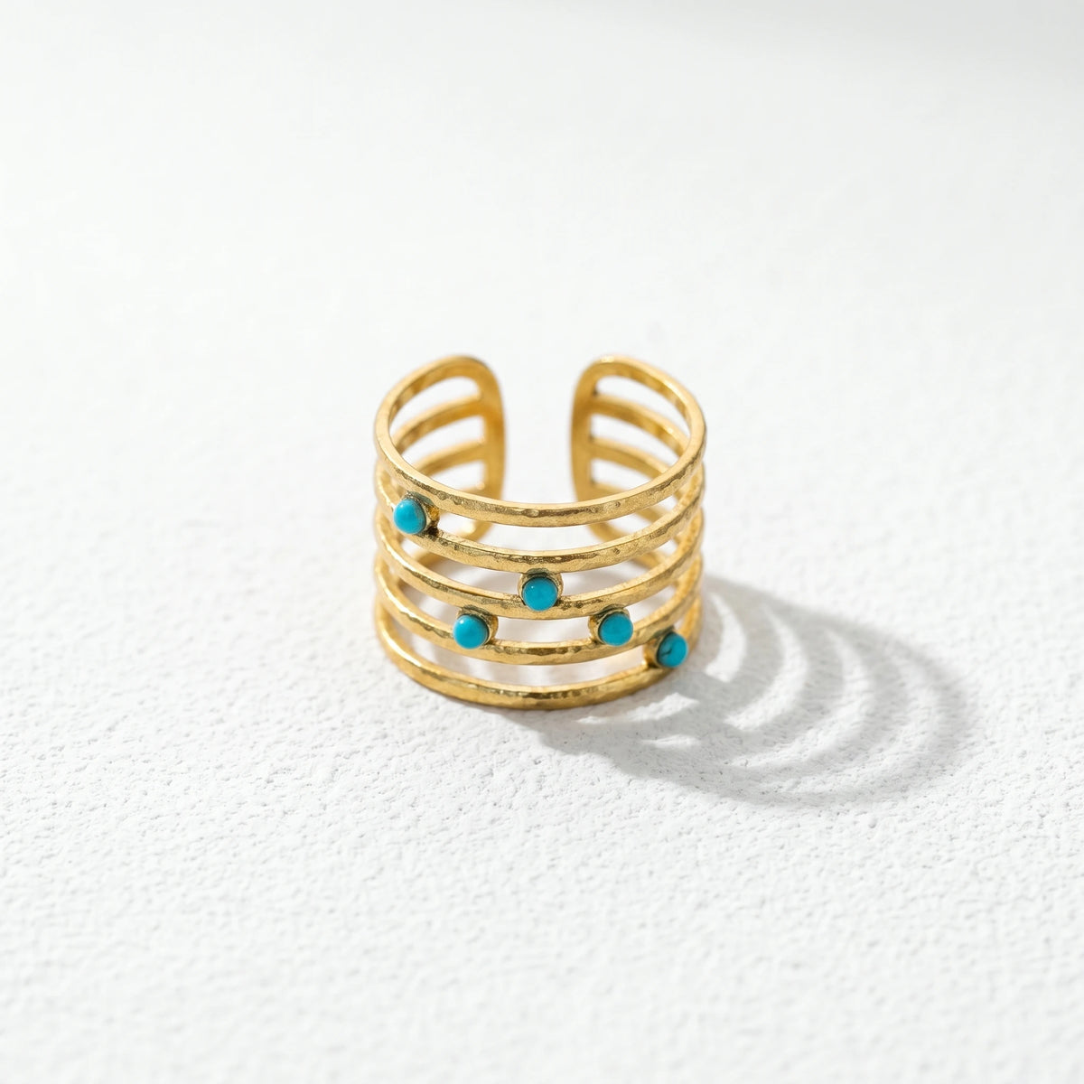 QIAOREN 5Pcs Gold Stainless Steel Turquoise Open Ring Set Irregular Hammered Crown Adjustable Boho Stackable Rings
