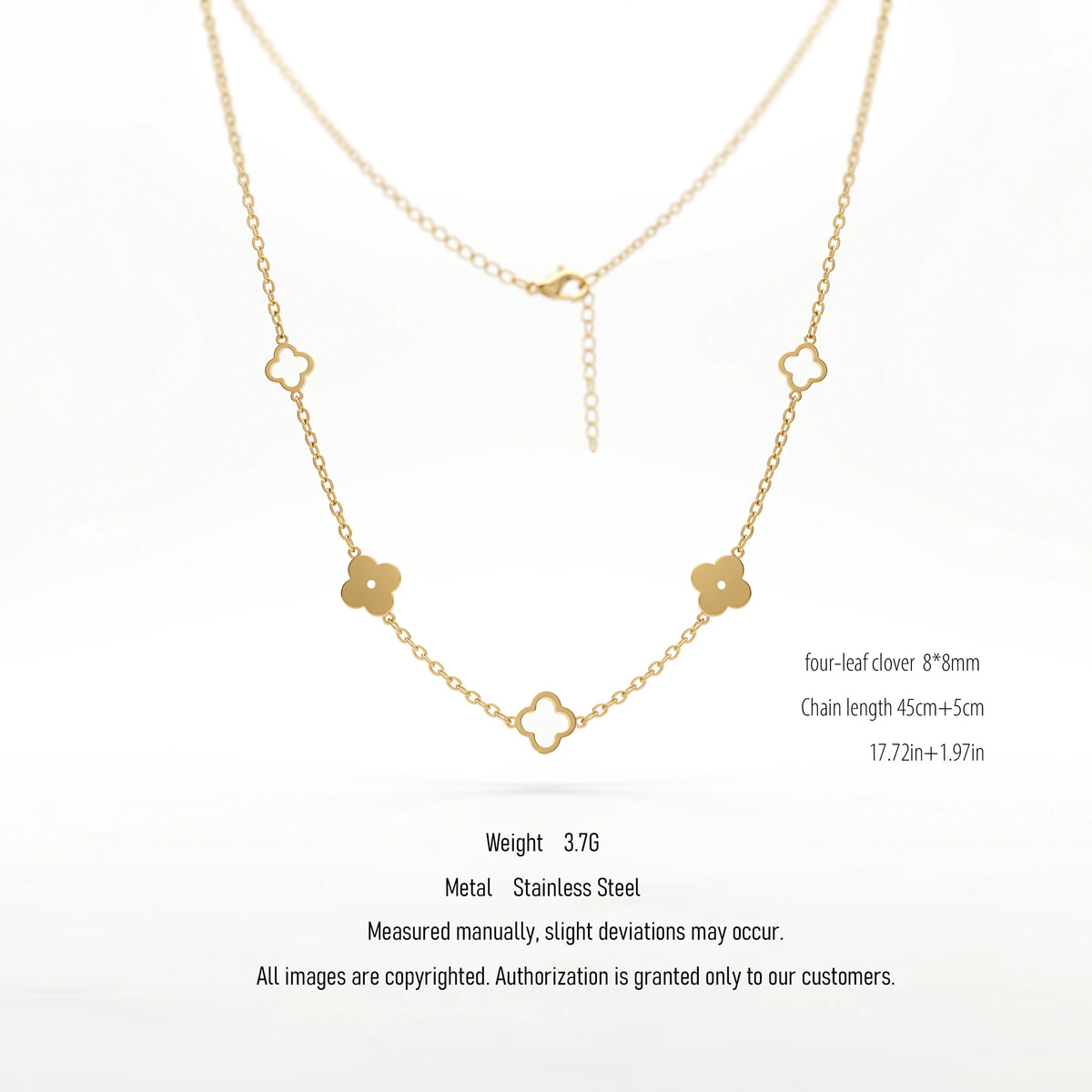 QIAOREN 10598 18K Gold Plated Mixed Solid & Hollow Clover Station Necklace Stainless Steel Tarnish Free