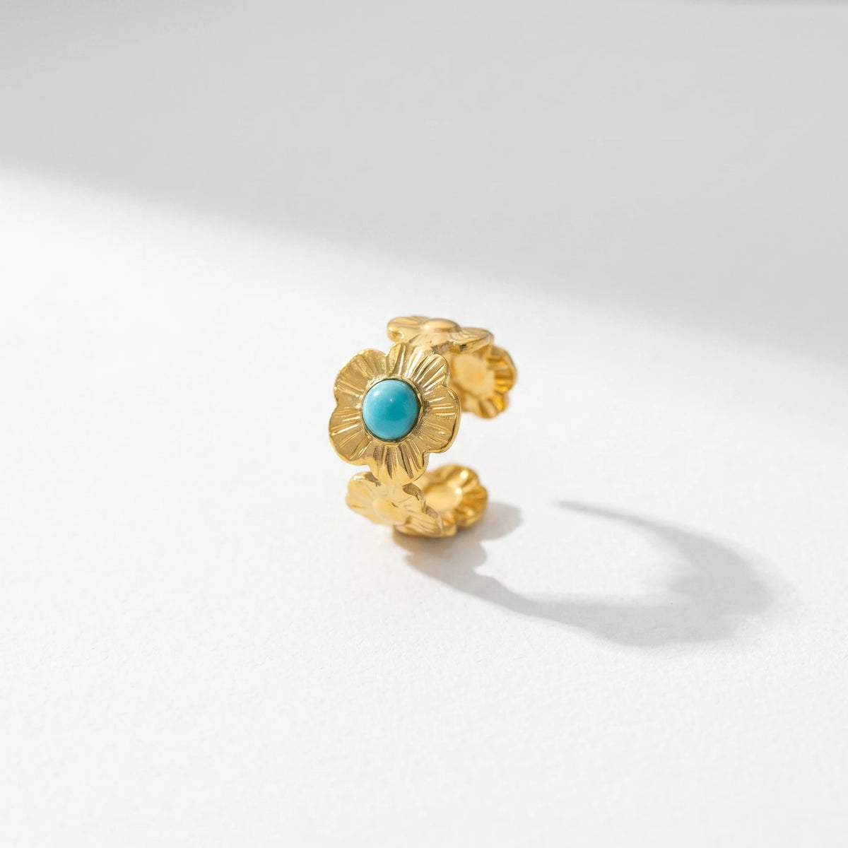 QIAOREN 13166-70 5Pcs Gold Stainless Steel Turquoise Open Ring Set Irregular Hammered Crown Adjustable Boho Stackable Rings