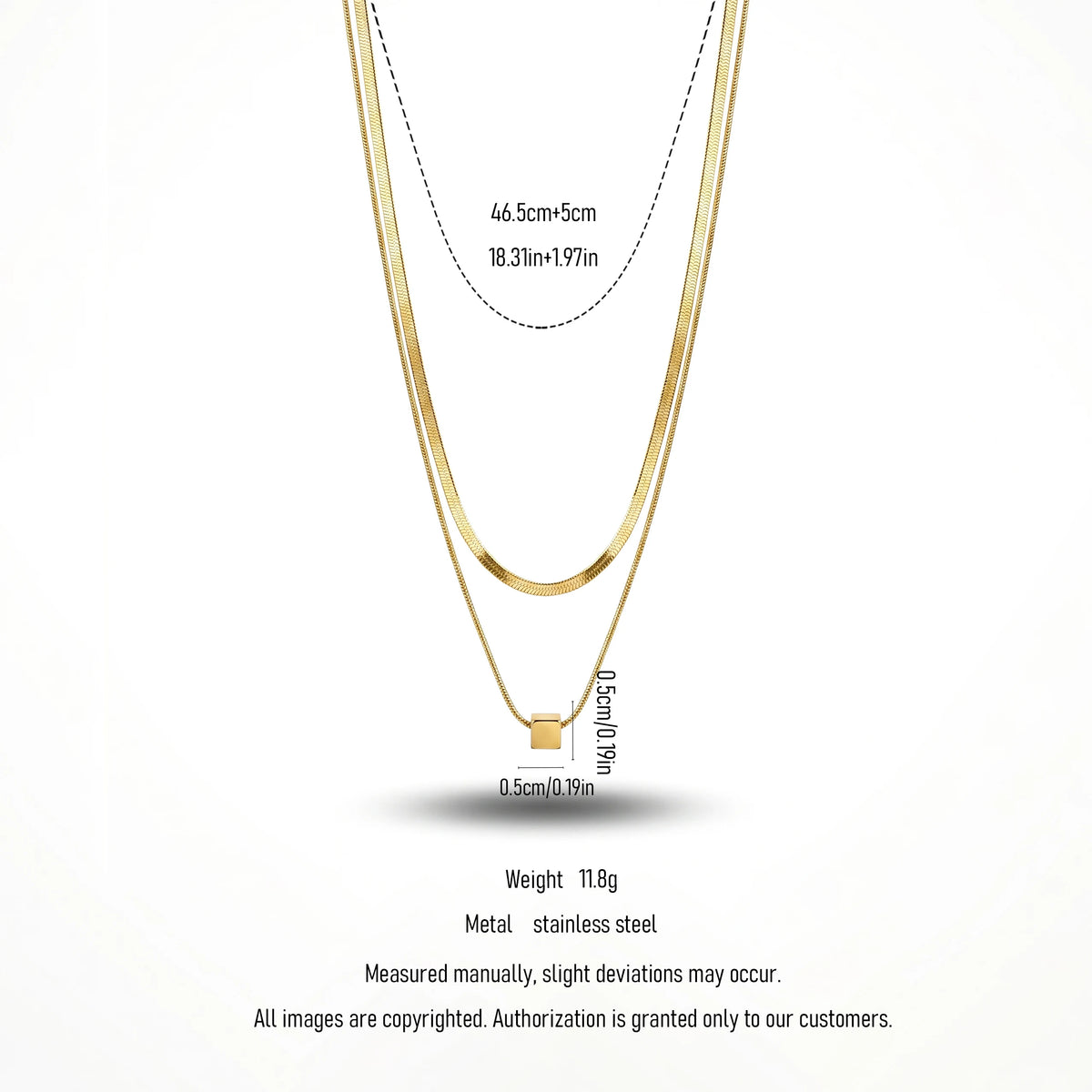 QIAOREN 11688 Minimalist Cube Layered Necklace 18K Gold Stainless Steel Herringbone Chain Choker for Women
