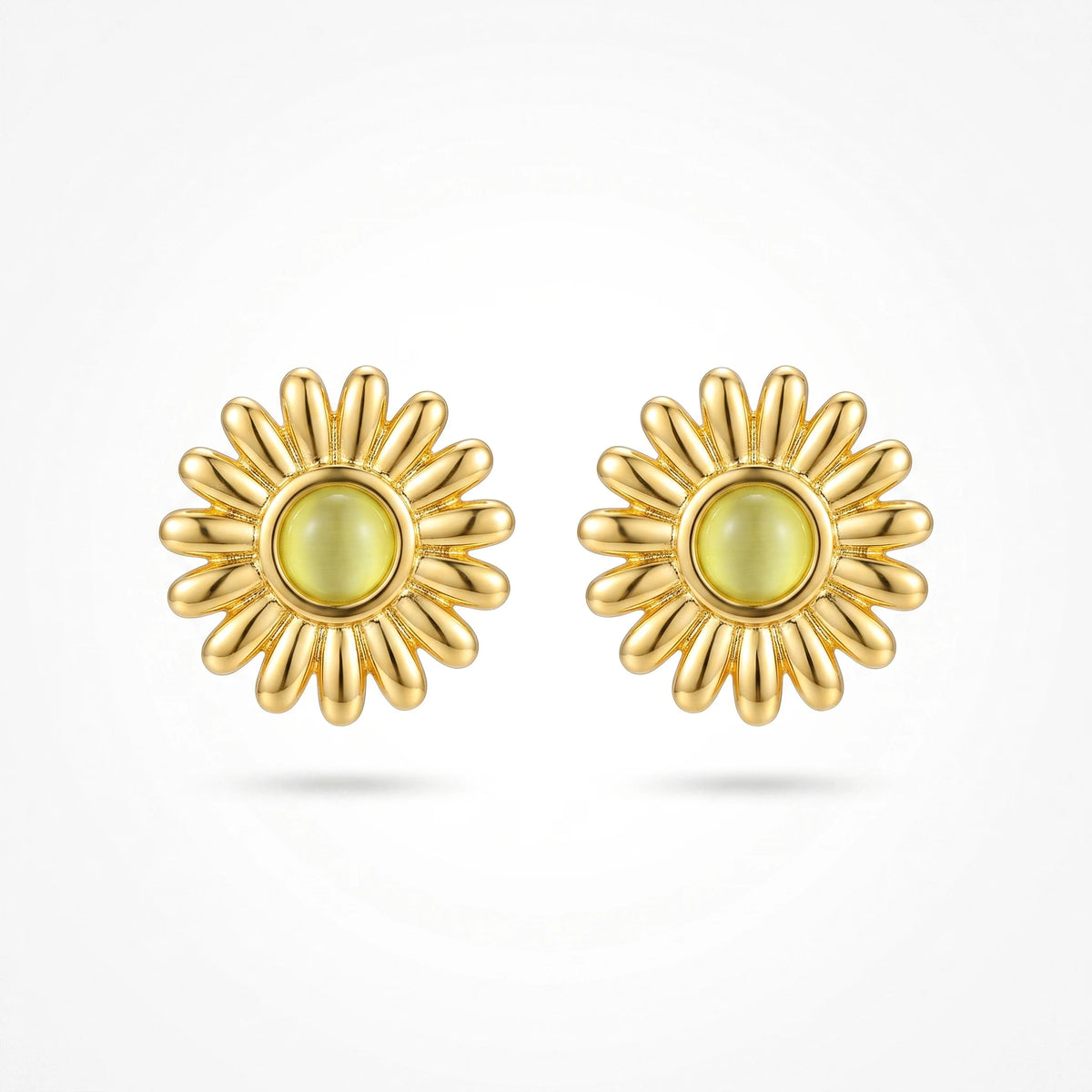 QIAOREN 13265 Gold Tone Daisy Flower Stud Earrings Inlaid Round Yellow Cat Eye Stone Sunflower Shape Pin Studs Warm Retro Gentle