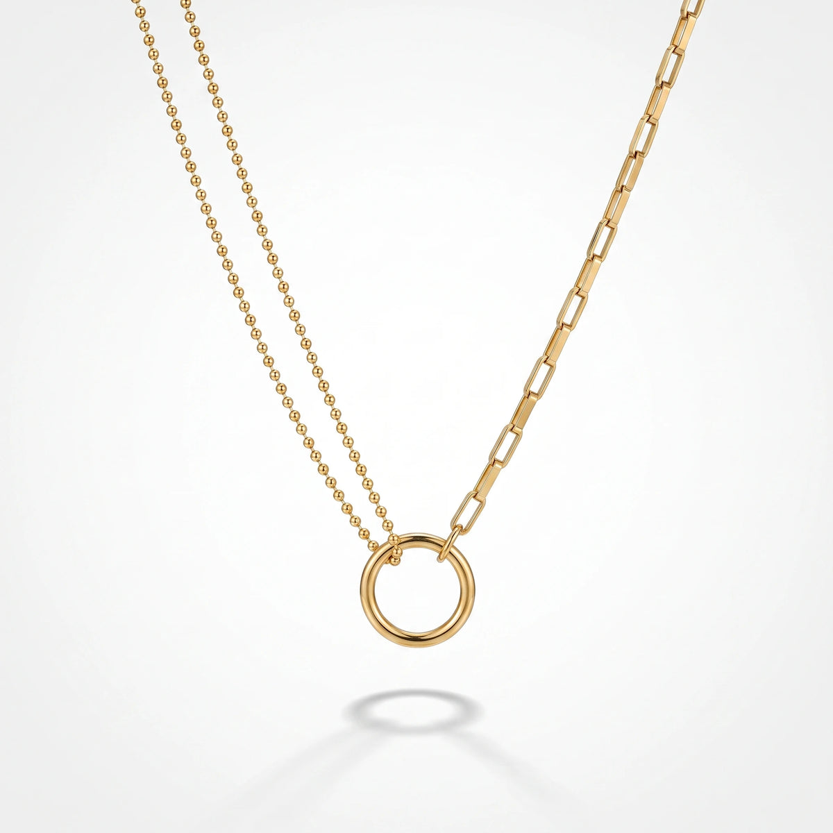 QIAOREN 13464 Circle Pendant Necklace with Ball Bead Chain & Paperclip Link Chain, Minimalist Layering Neck Jewelry Gift