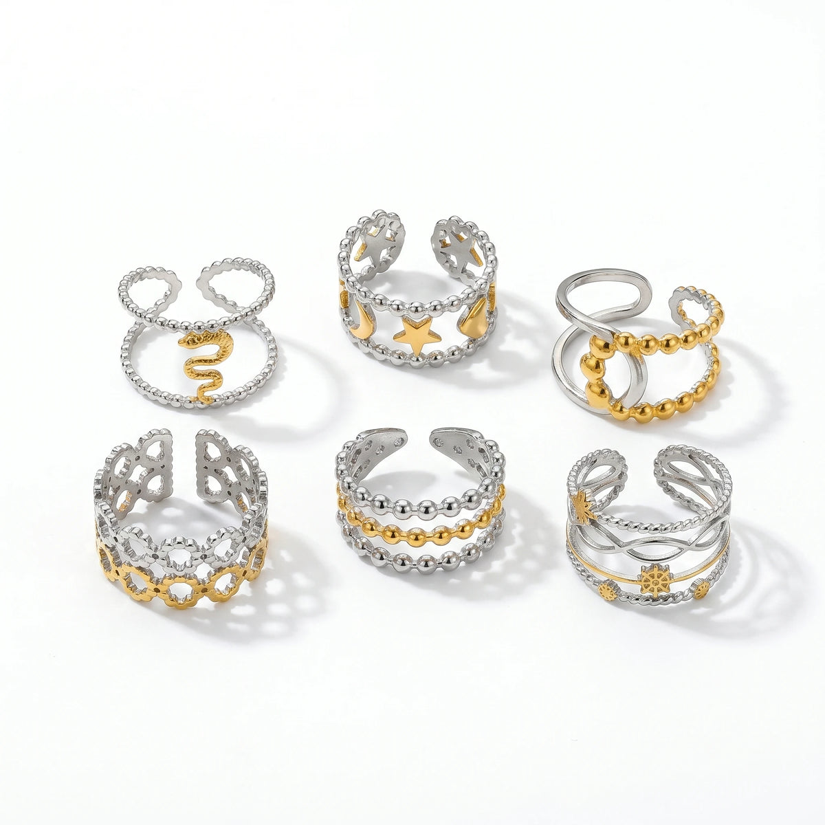 QIAOREN 13016-20 Gold Silver Plated Adjustable Open Stack Ring Set for Women Minimalist Geometric Statement Rings