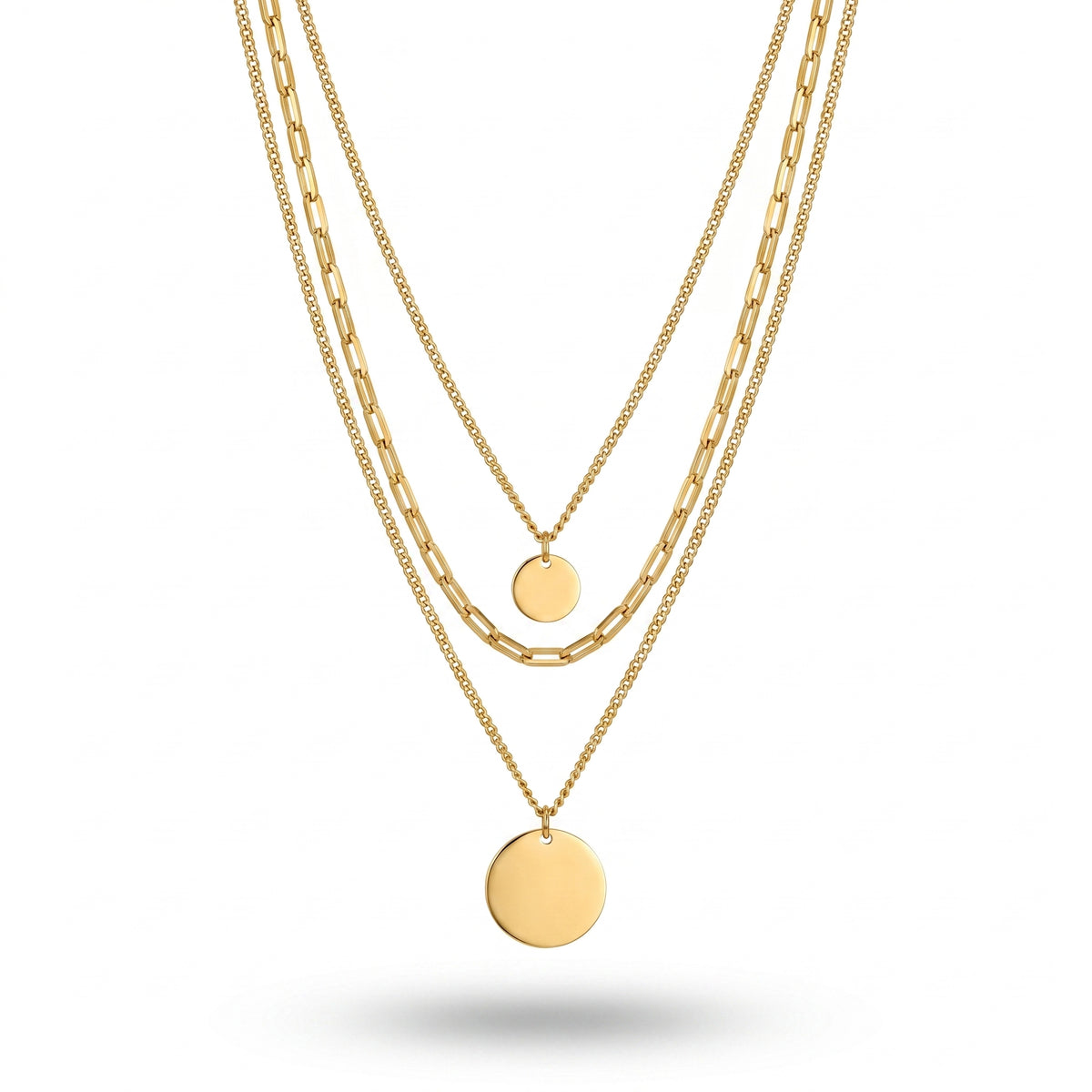 QIAOREN 11359 18K Gold Plated 3 Layered Paperclip Chain Necklace With Dual Disc Pendants Stainless Steel Tarnish Free