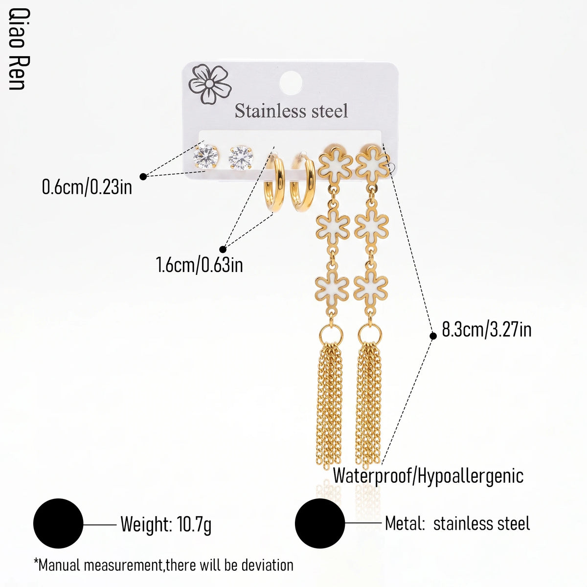 QIAOREN 14491White Enamel Flower Tassel Stainless Steel Long Drop Earring Set, Gold Multi Pair Earring Pack Jewelry Gift