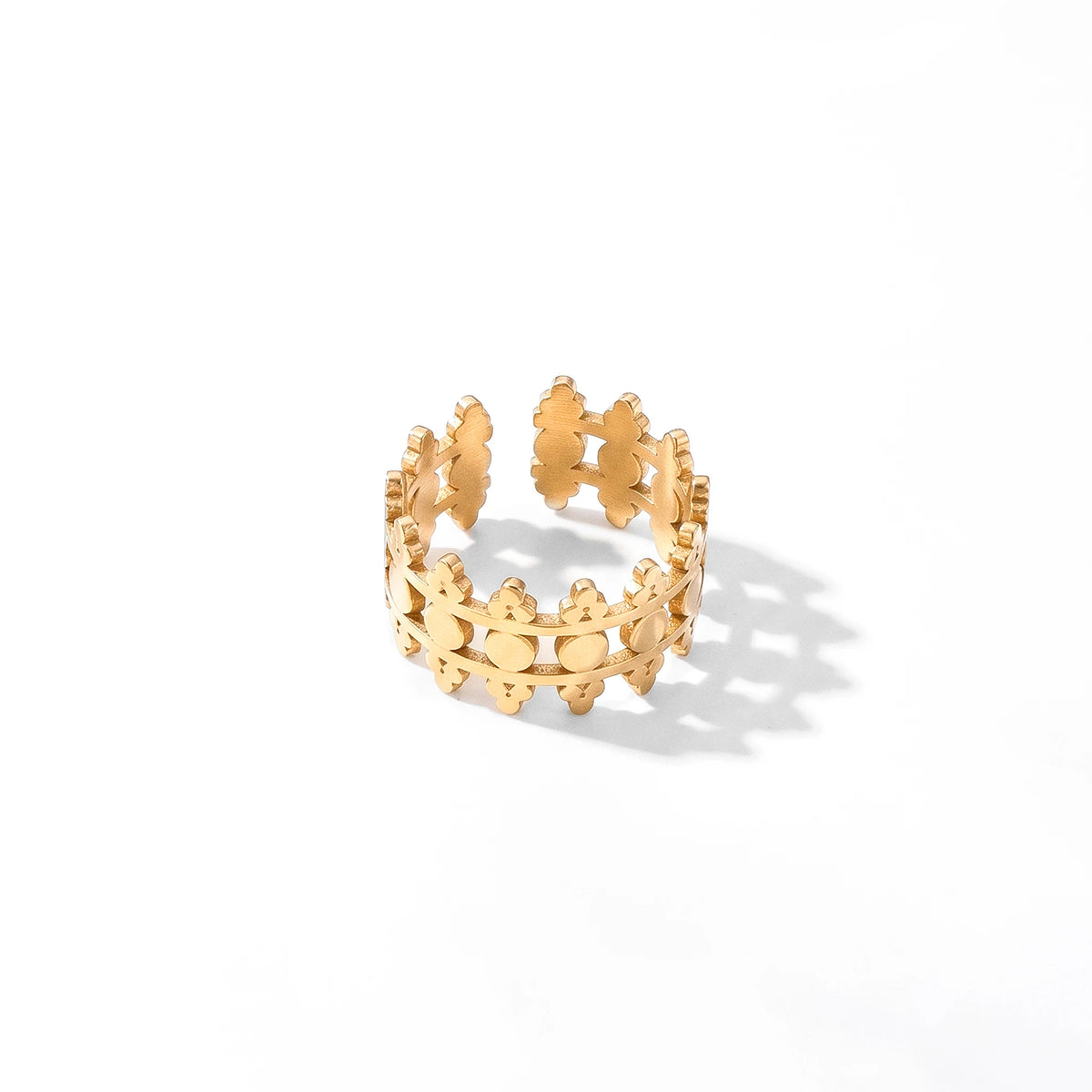 QIAOREN 5Pcs Boho Leaf Flower Gold Stainless Steel Rings Set Tarnish Free Adjustable Stackable Open Cuff Rings for Women