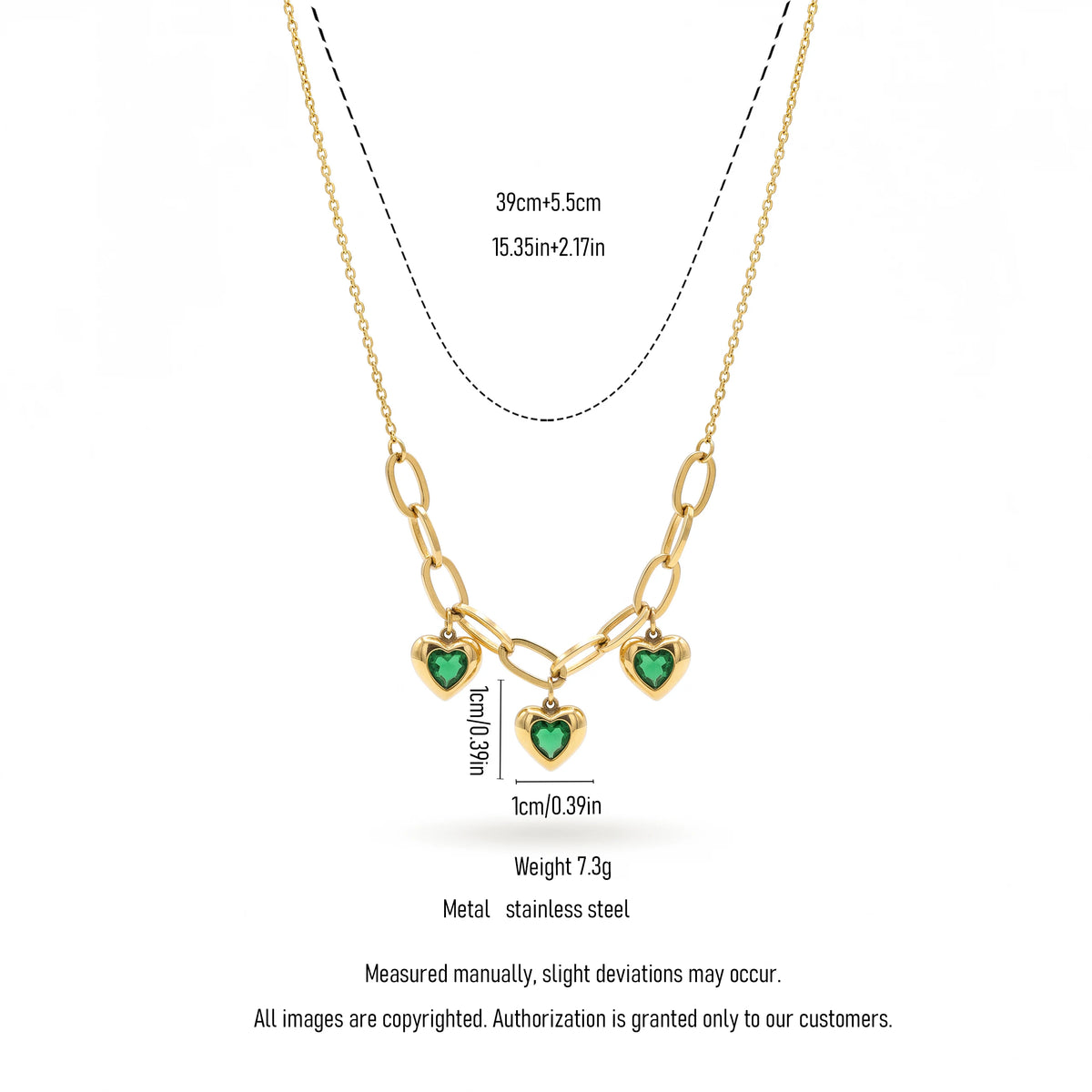 QIAOREN 13950-51 Stainless Steel Green Heart Charm Necklace Gold Paperclip Chain Waterproof Layered Jewelry for Women