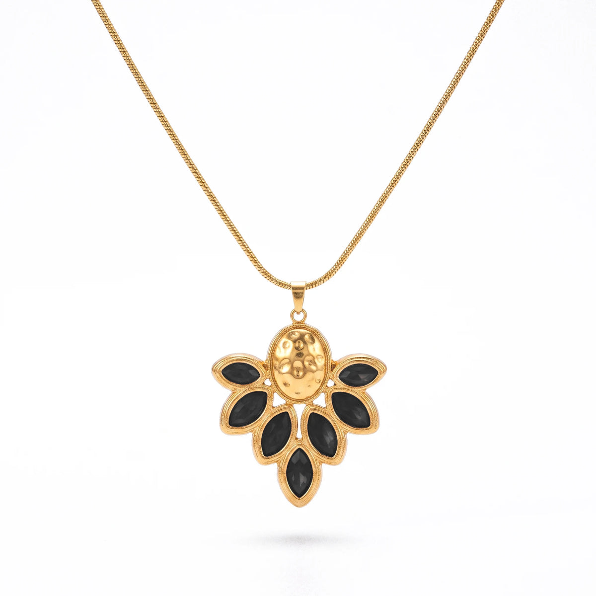 QIAOREN 14387 Vintage Ornate Red Marquise Crystal Pendant Snake Chain Necklace, Stainless Steel Statement Jewelry Gift