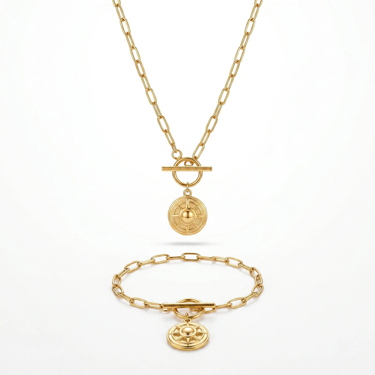 QIAOREN 11897 Waterproof Compass Sun Disc Jewelry Set 18K Gold Stainless Steel 2Pcs Toggle Clasp Paperclip Chain Jewelry