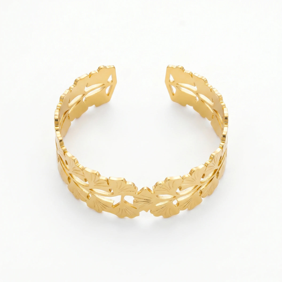 QIAOREN 12719  18K Gold Hollow Cutout Linked Ginkgo Leaf Wide Open Cuff Bracelet Stainless Steel Adjustable Nature Wrist Jewelry