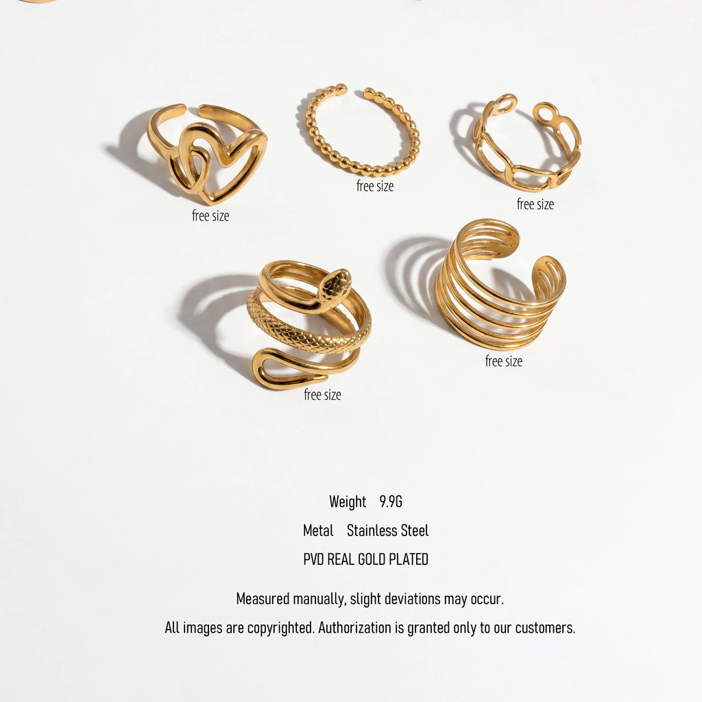 QIAOREN Stainless Steel Stackable Rings Set PVD Gold Plated Adjustable Open Ring Jewelry for Women
