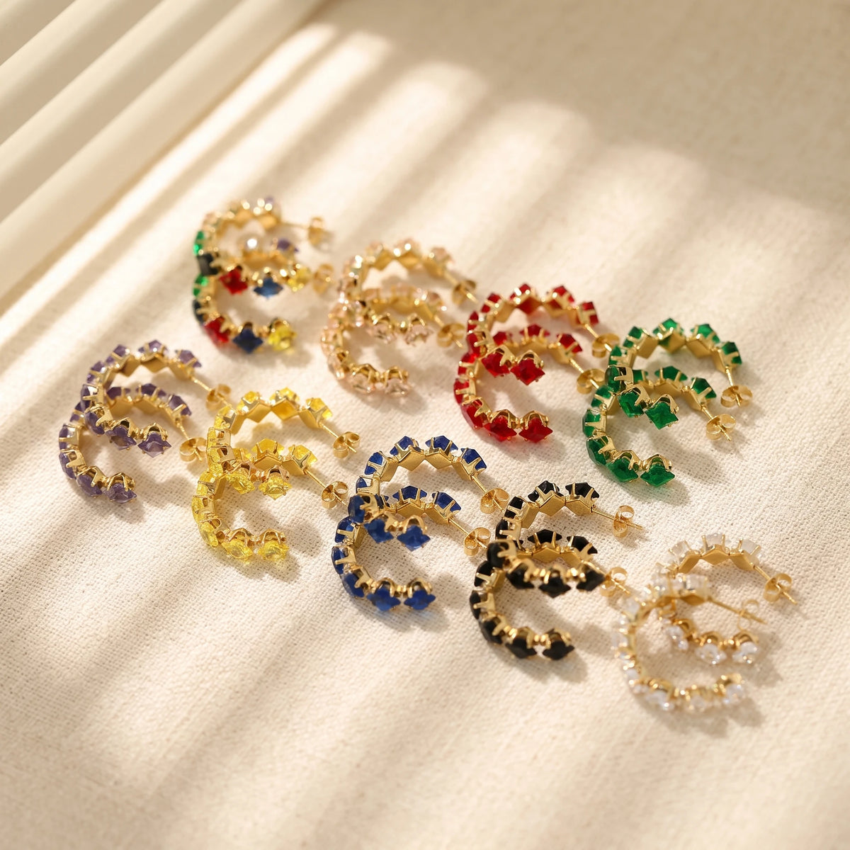 QIAOREN 12208-16  Gold Plated Stainless Steel Rainbow Square CZ Huggie Hoop Earrings