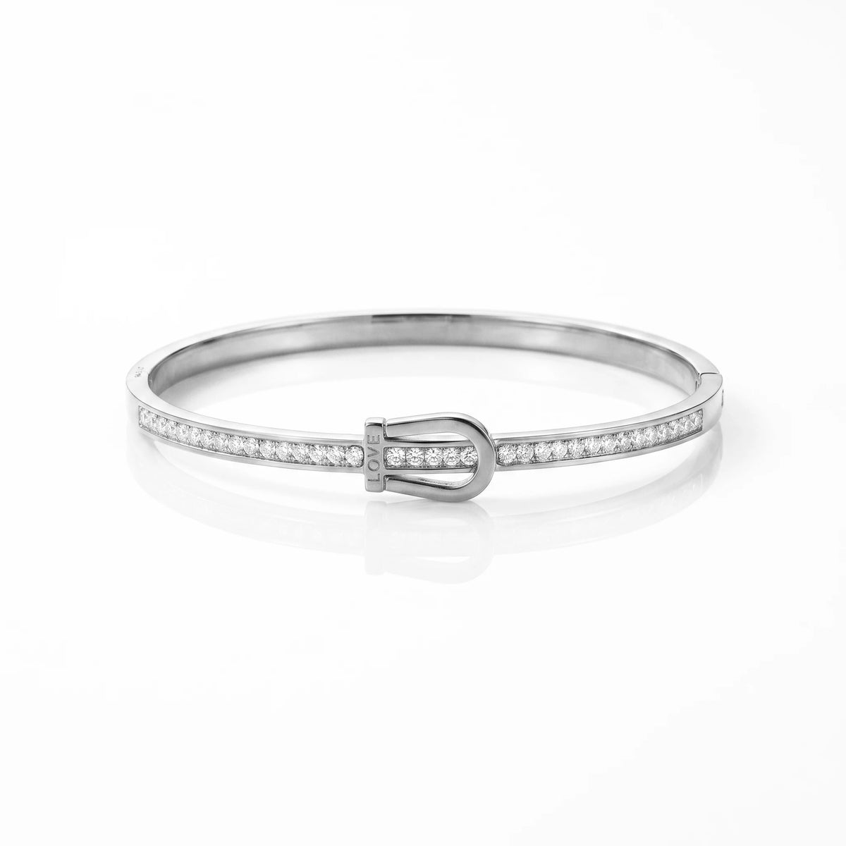 QIAOREN 13661 Polished Buckle Inlaid Clear Zircon Bangle Bracelet with Engraved LOVE Letter, Thin Gold Open Cuff Wrist Jewelry