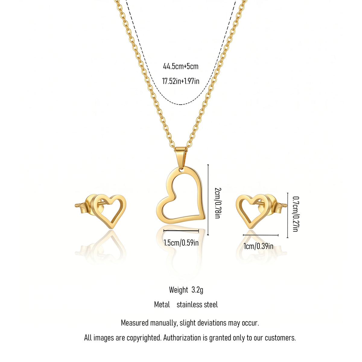QIAOREN 11741 Waterproof 18K Gold Open Heart Jewelry Set Stainless Steel Beach-Ready Necklace & Earrings