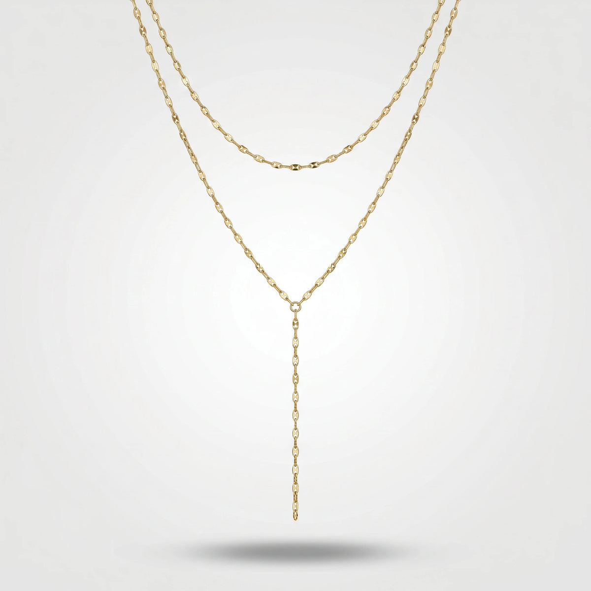 QIAOREN 11289 18K Gold Plated Double Layer Y Lariat Necklace Sparkle Oval Link Chain Stainless Steel Tarnish Free Waterproof