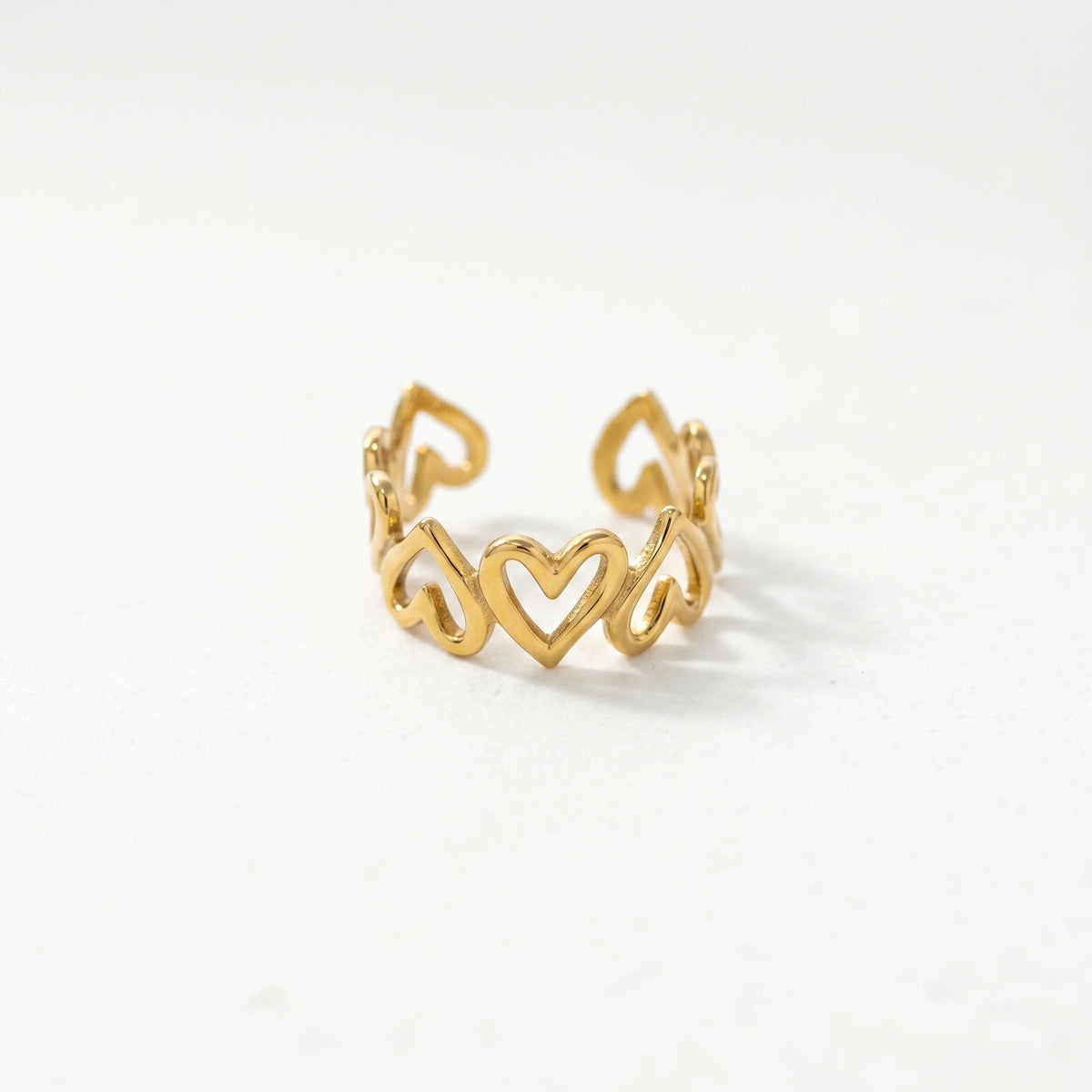 QIAOREN 13066-70 5Pcs 18K Gold Plated Stainless Steel Heart Open Ring Set, Adjustable Stackable Hollow Love Finger Rings
