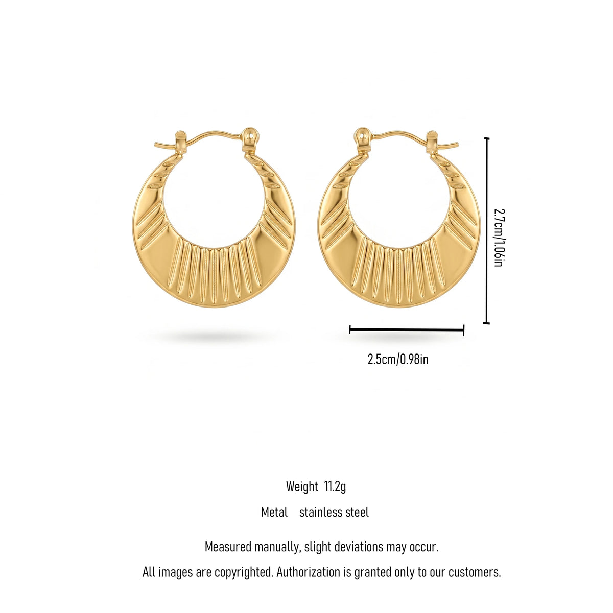 QIAOREN 12536 Elegant Quiet Luxury French Retro Ribbed Hoops Gold Stainless Steel Large Puffy Crescent Jewelry EU