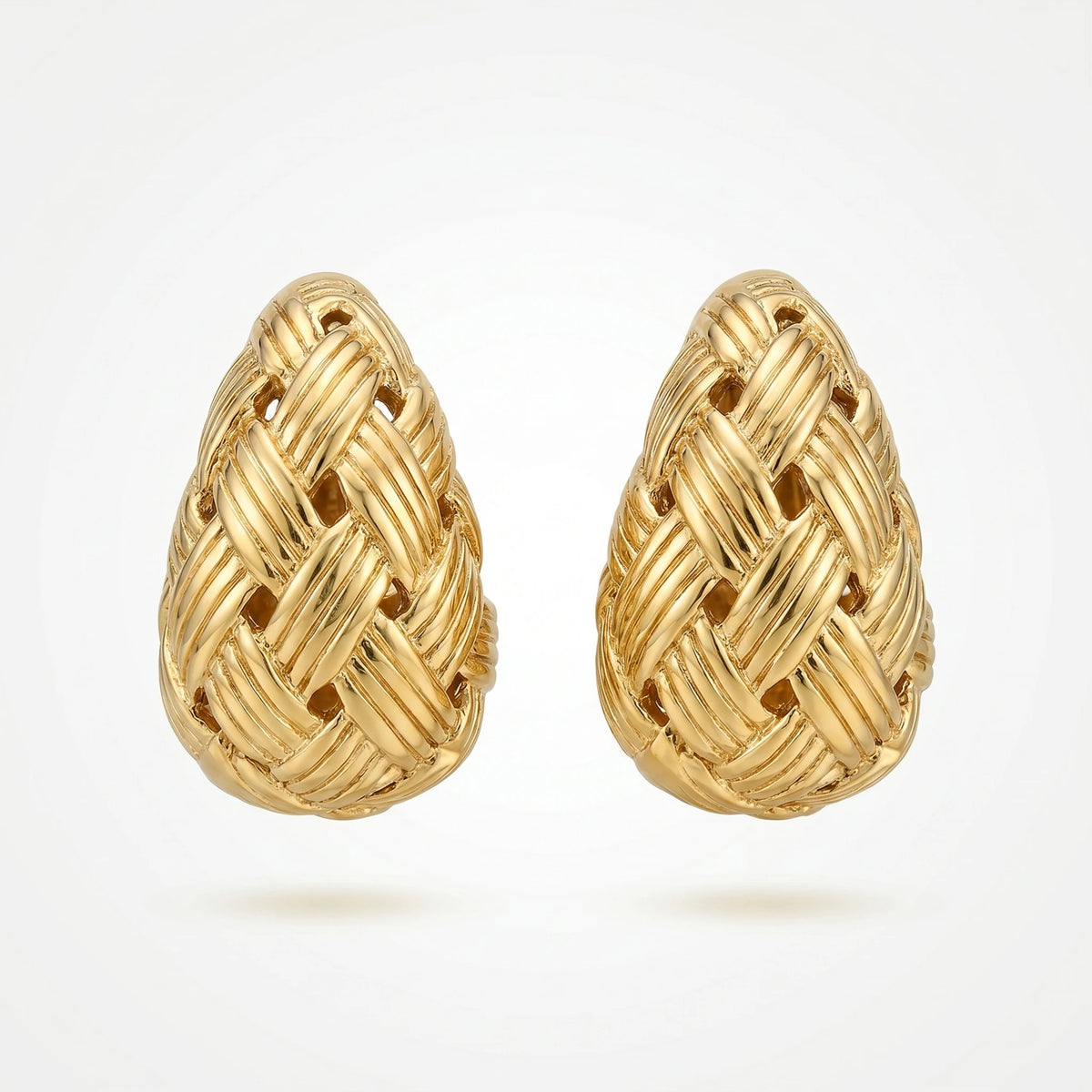 QIAOREN 12283 Trendy Basketweave Teardrop Earrings Gold Stainless Steel Braided Lattice Hollow Dome Studs Women US EU Hot