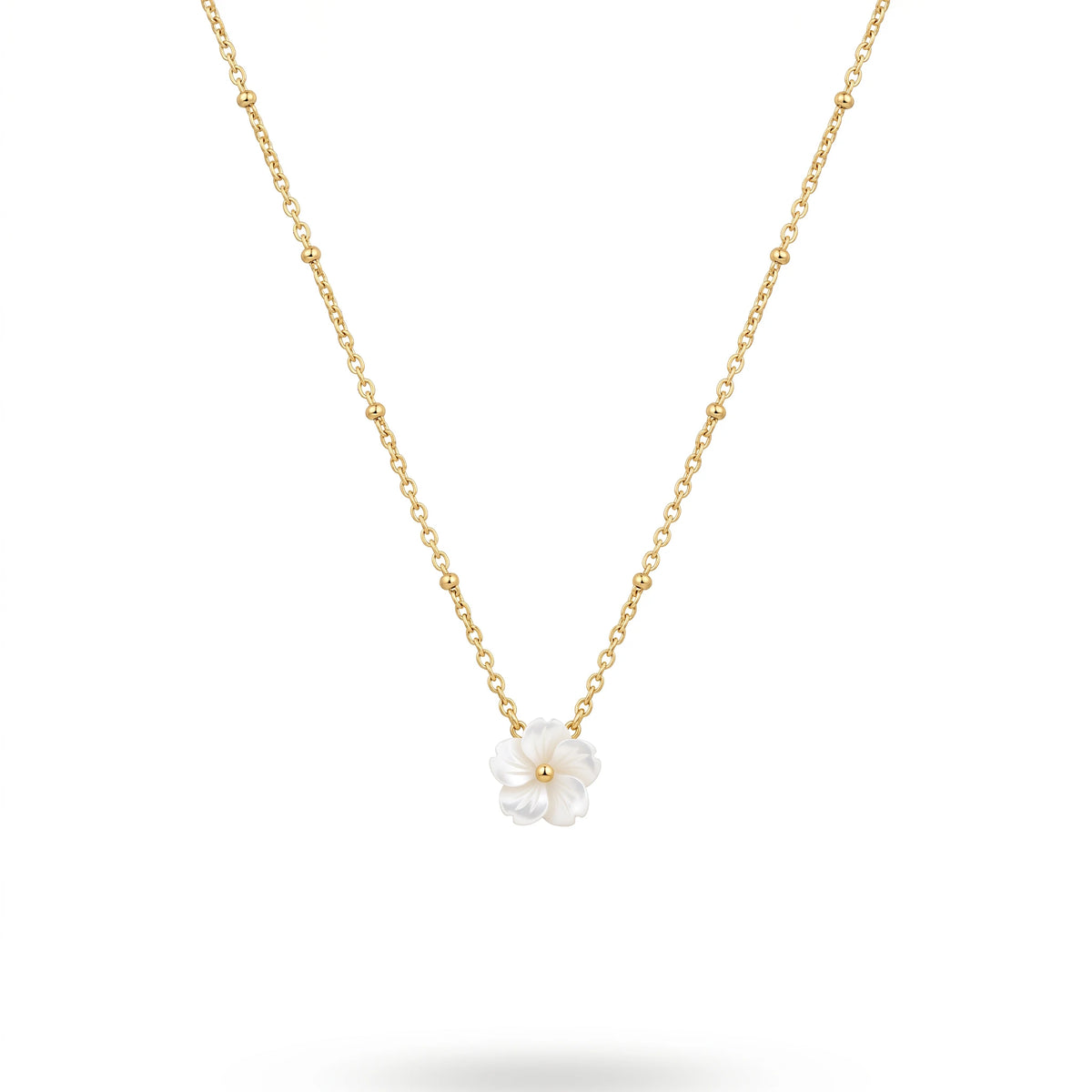 QIAOREN 13523 Dainty White Shell Flower Pendant Station Necklace with Round Beaded Thin Cable Chain, Gold Tiny Floral Necklace