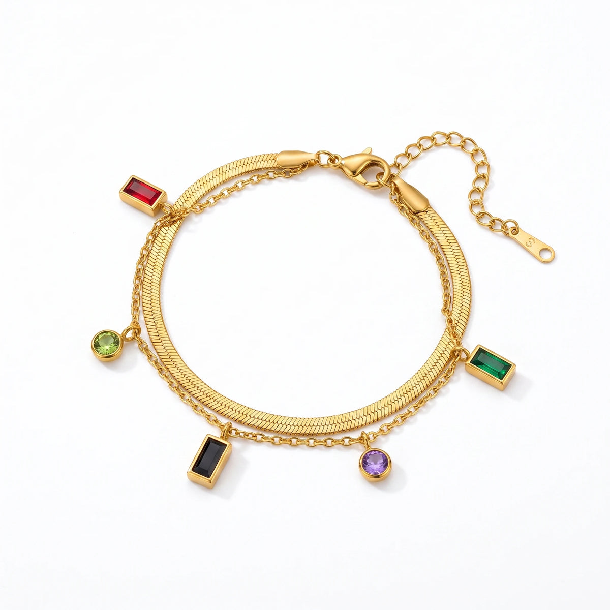 QIAOREN 13772 Double Layer Flat Herringbone Snake Bracelet with Multi Color Rectangle & Round Cut CZ Charms, Peridot Zircon