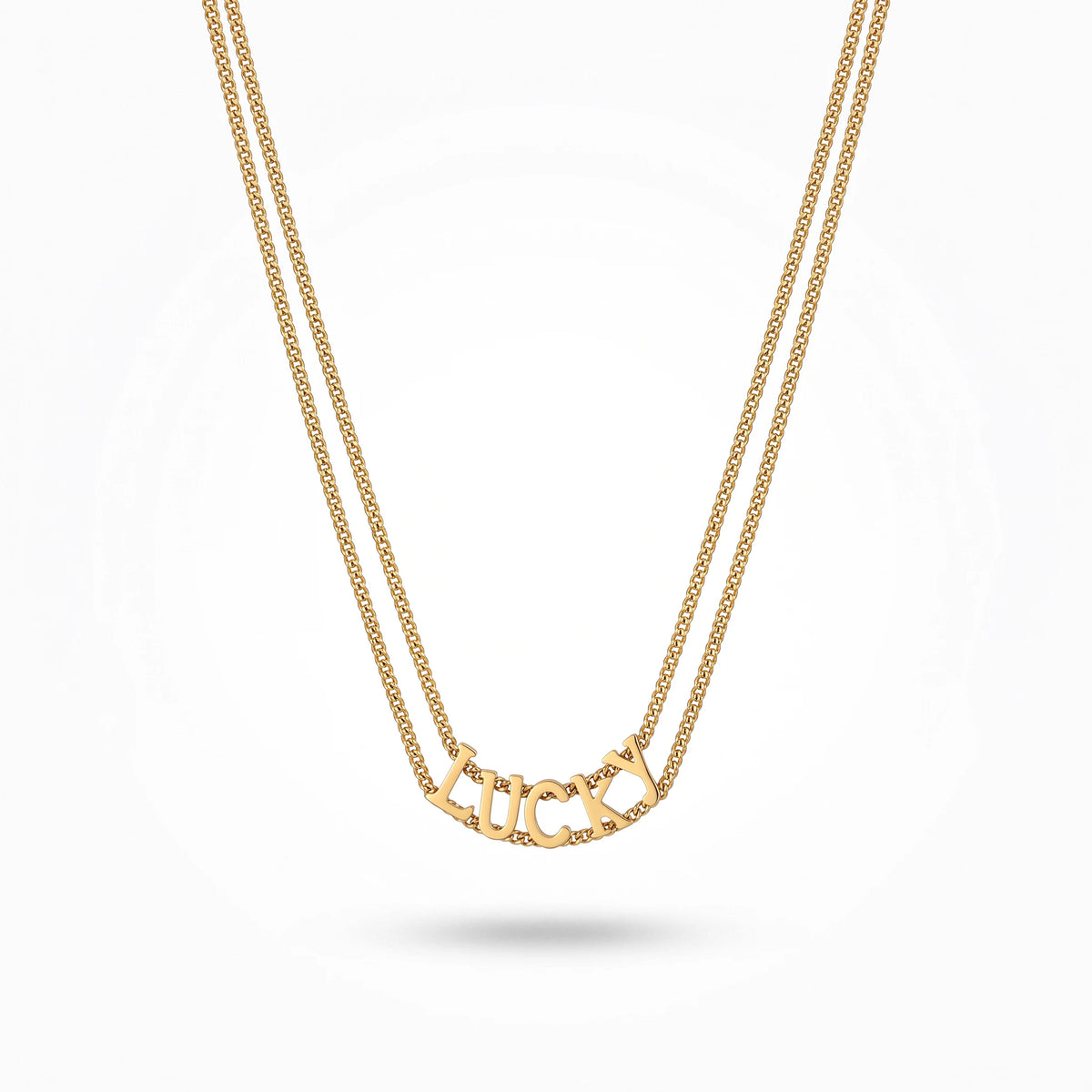 QIAOREN 13808 Double Layer Thin Curb Chain Pendant Necklace with Curved Cutout LUCKY Letter Charm, Polished Gloss Gold