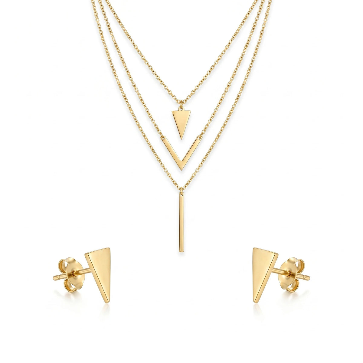 QIAOREN 11569 18K Gold Plated Stainless Steel Layered Necklace Earrings Set, Minimalist V Shape Triangle Vertical Bar Jewelry
