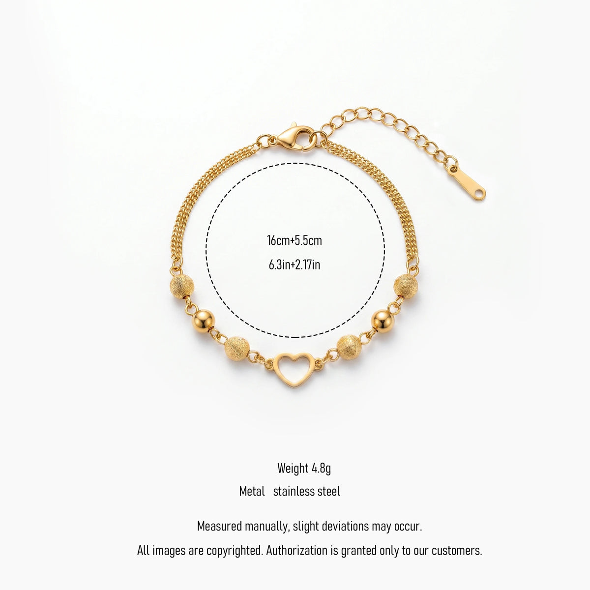 QIAOREN 13973 Stainless Steel Heart Charm Beaded Bracelet Gold Layered Chain Bracelet Adjustable Minimalist Jewelry for Women
