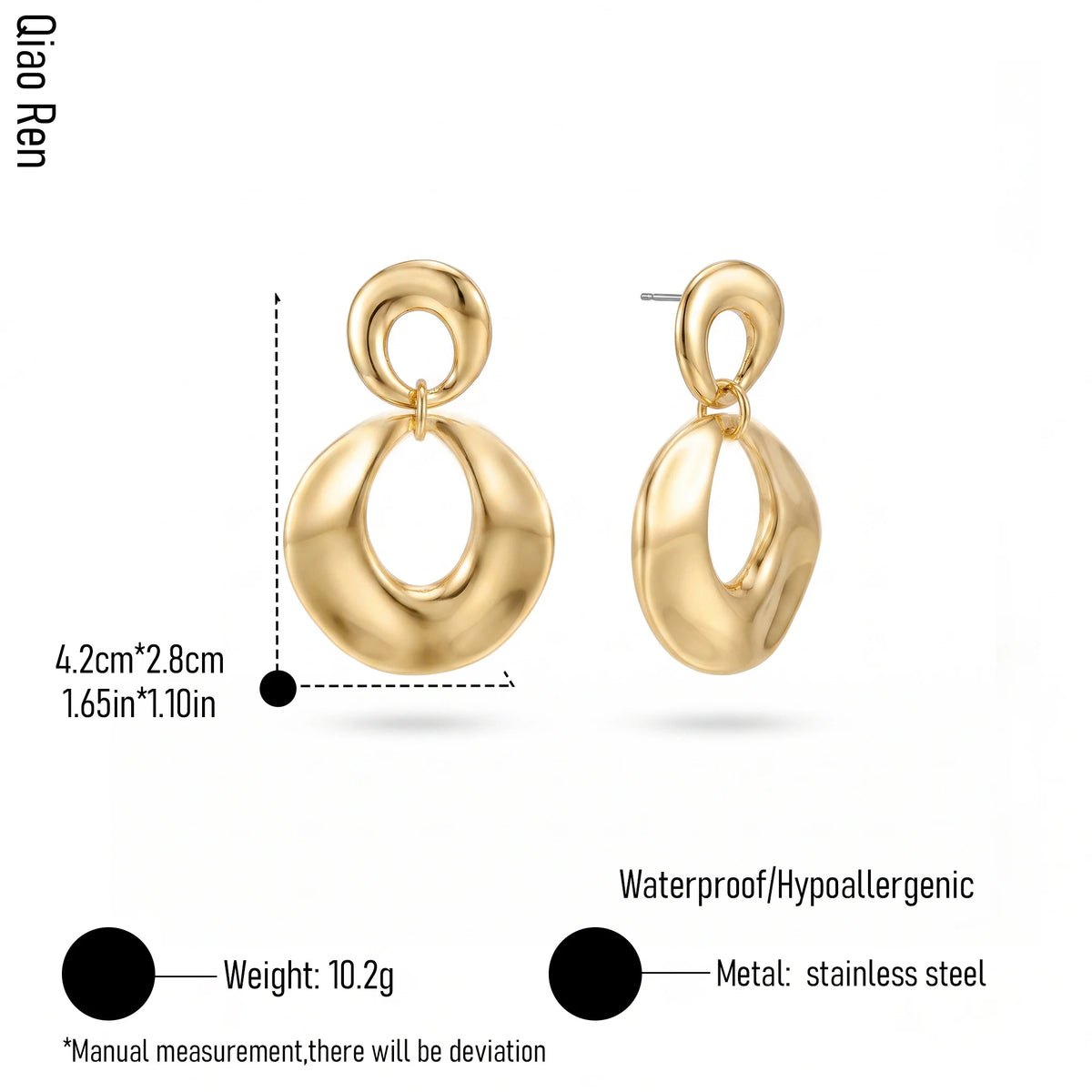 QIAOREN 14545 Two Link Organic Oval Drop Stud Earrings,Thick Tube Interlinked Dangle Earrings, Hypoallergenic Statement Jewelry