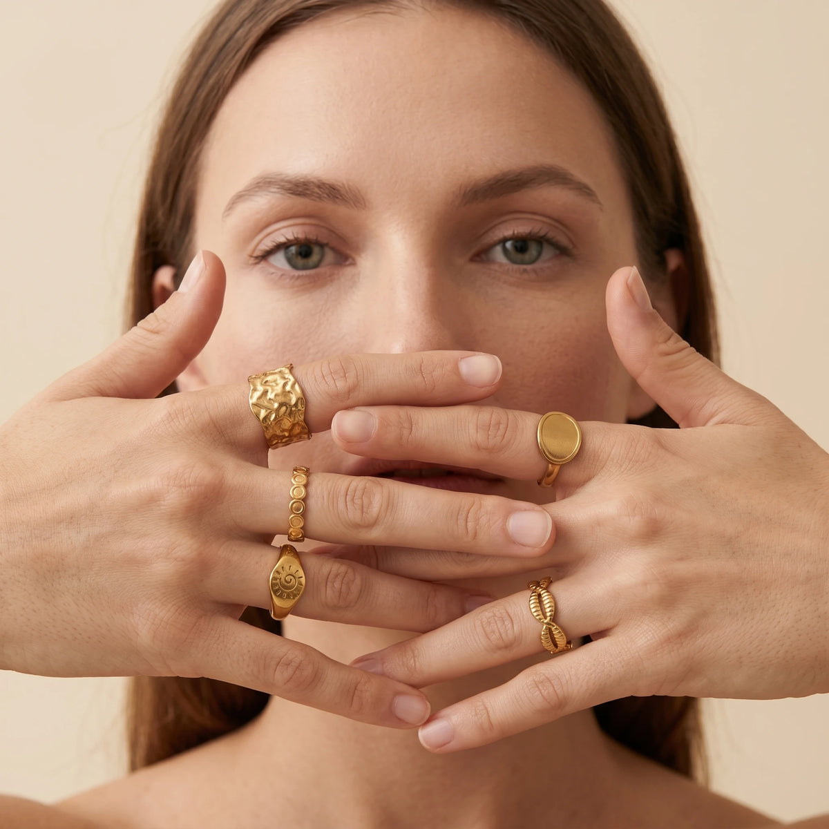 QIAOREN Stainless Steel 5Pcs Stackable Ring Set PVD Gold Plated Adjustable Open Jewelry for Women