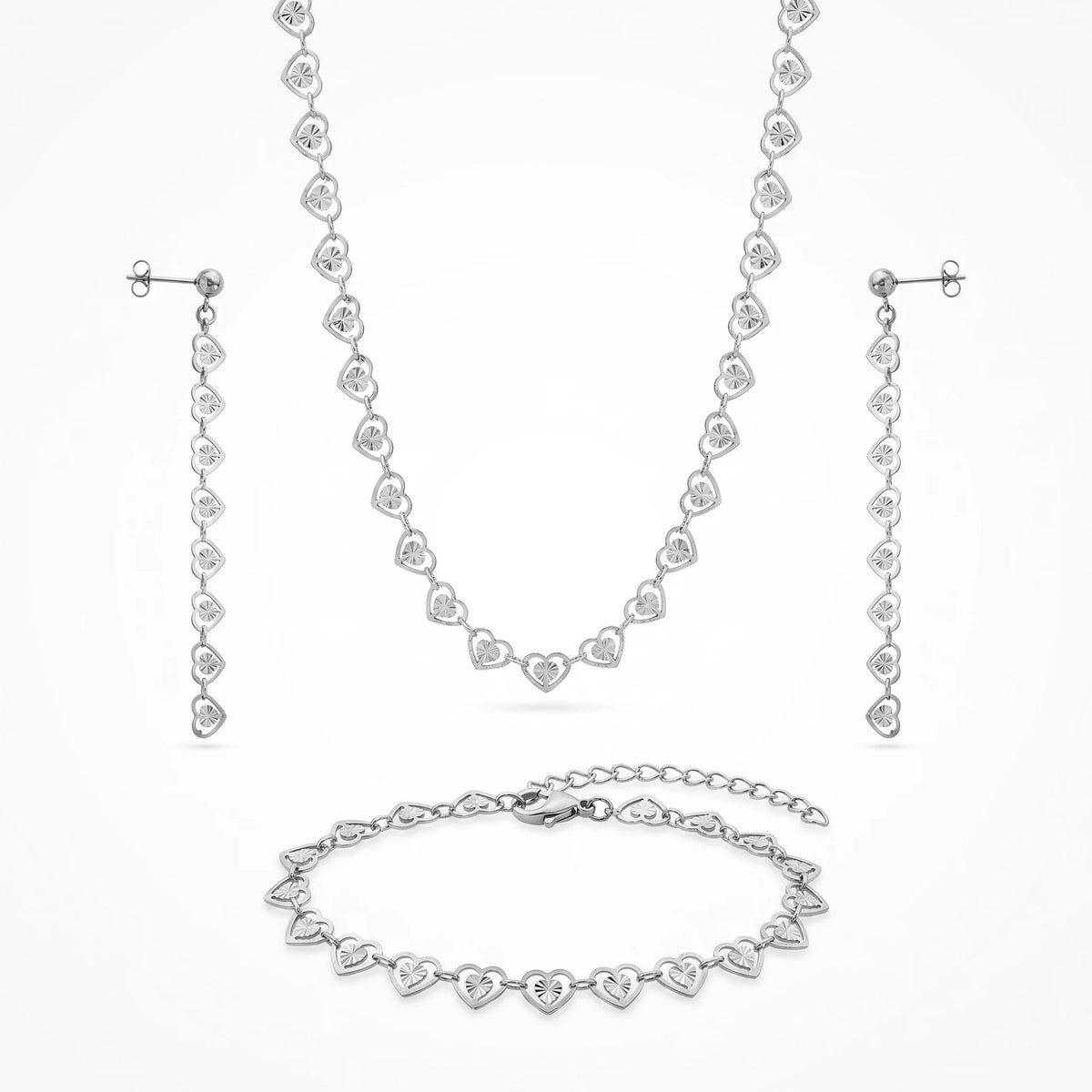 QIAOREN 11581 18K Gold Plated Stainless Steel Heart Jewelry Set Women Hollow Necklace Bracelet Dangle Earrings 3PCS