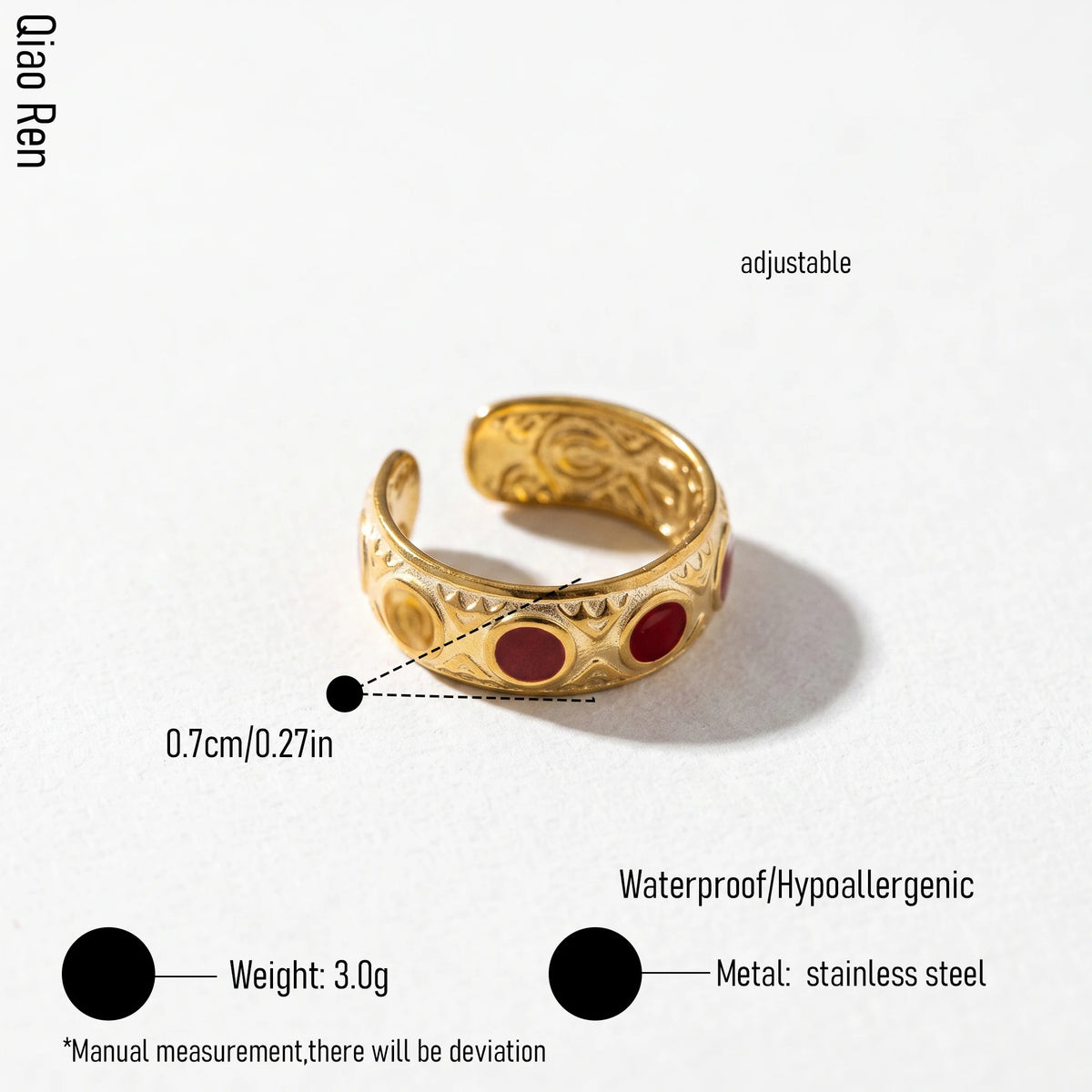 QIAOREN 14202-06 Burgundy Enamel Sunburst Open Ring Set, Vintage Carved Oval Adjustable Stackable Ring Jewelry Gift