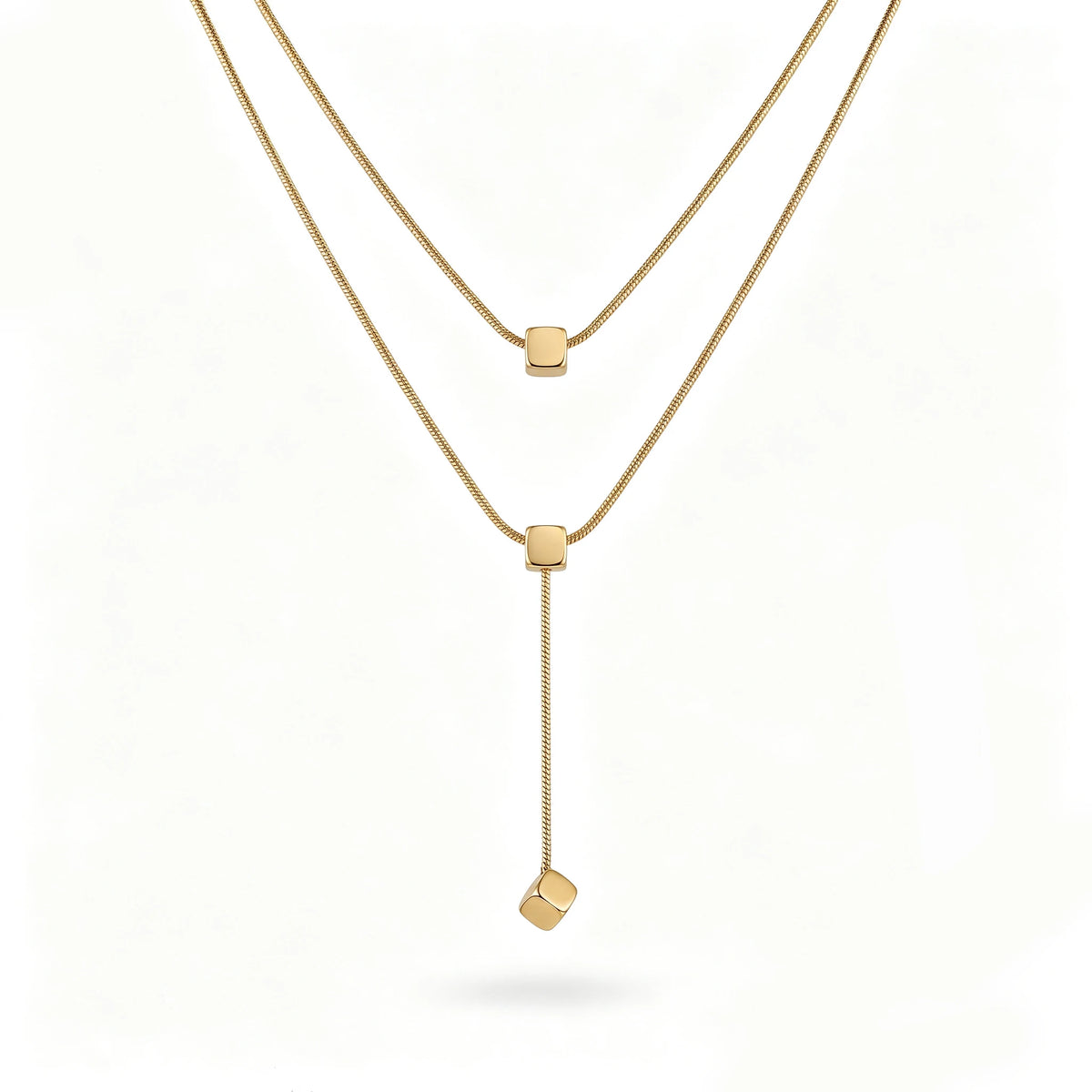 QIAOREN 13466 Minimalist Double Layer Snake Chain Necklace with Sliding Square Cube Pendants, Dainty Y Drop Neck Jewelry Gift