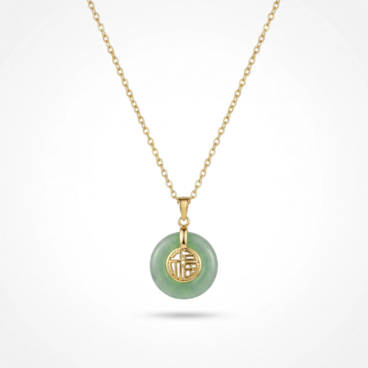 QIAOREN 13758-59  Thin Oval Link Chain Pendant Necklace with Green Jade Peace Donut Charm Inlaid Hollow Chinese Fu
