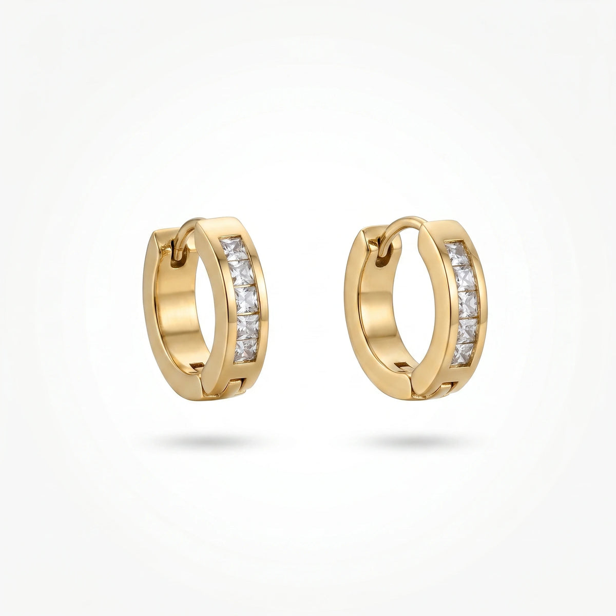 QIAOREN 12338 Princess Cut CZ Hoop Earrings Gold Stainless Steel High Polished Square Crystal Channel Set Huggies Women US EU
