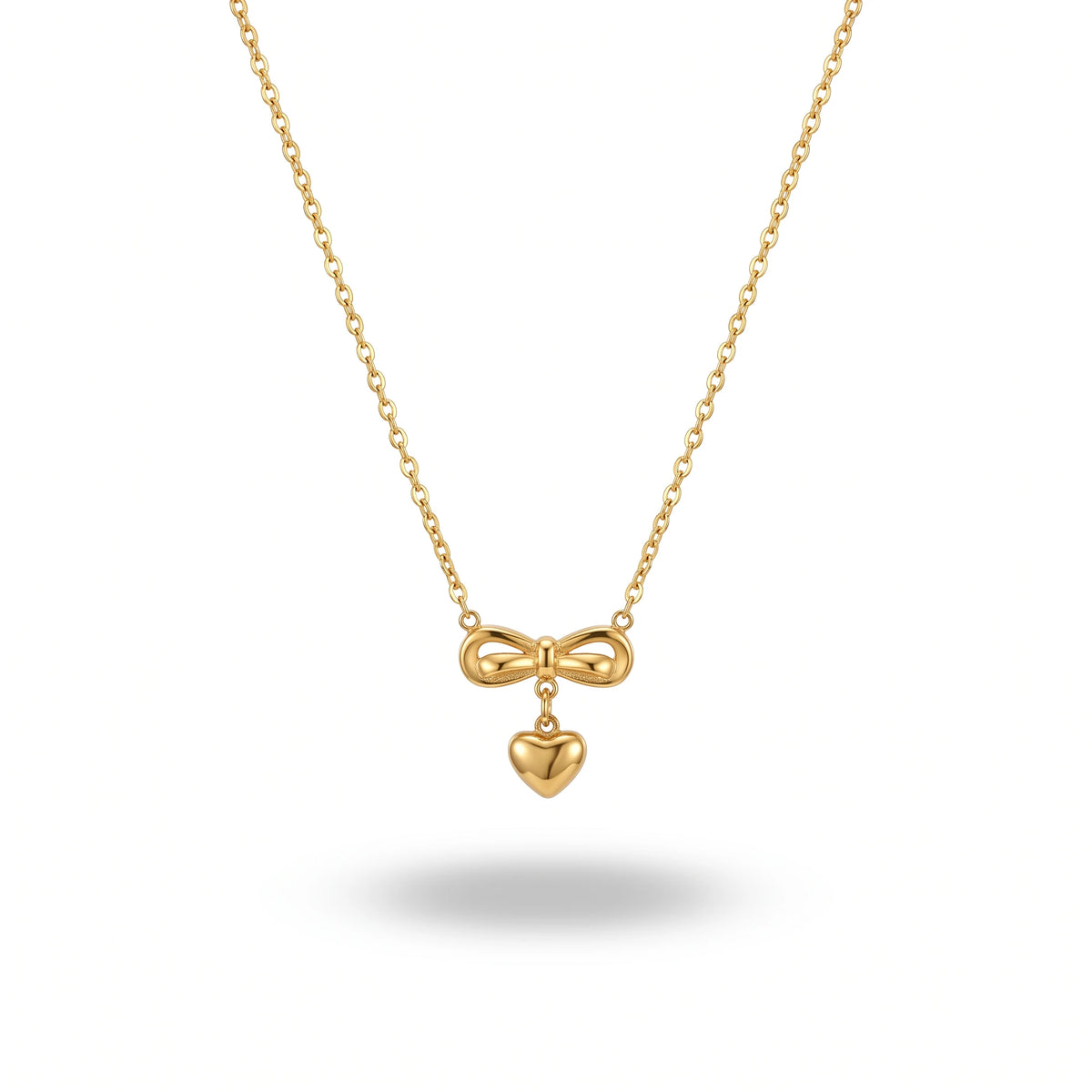 QIAOREN 13499 Coquette Style Bow Drop Heart Pendant Necklace, Dainty Thin Oval Cable Chain Gold Neck Jewelry Gift