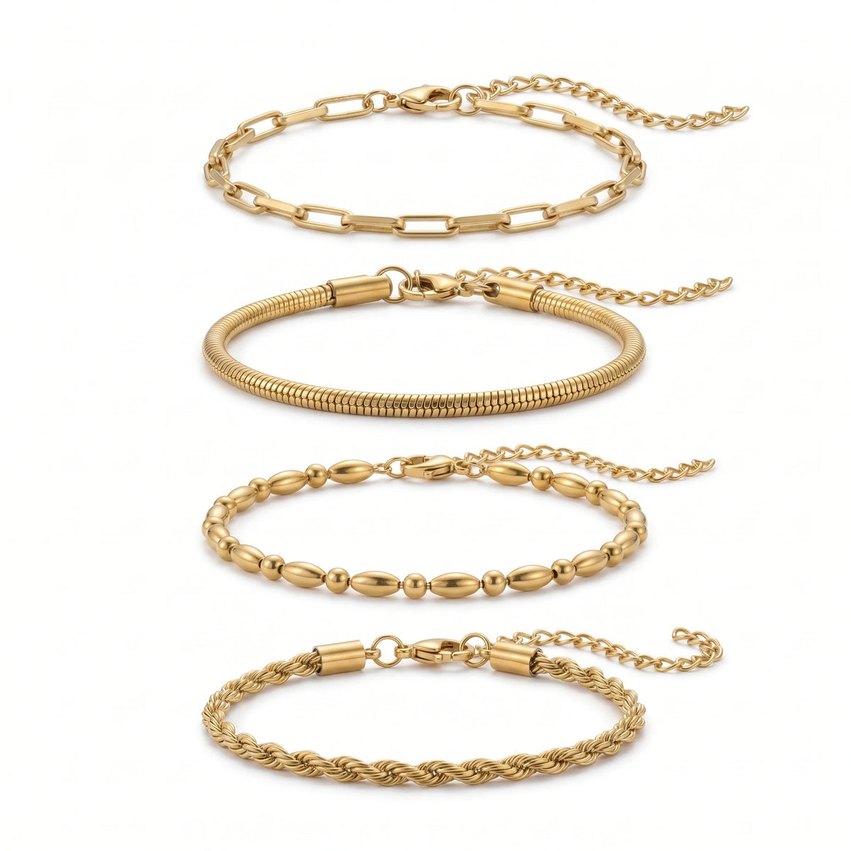 QIAOREN 11503 Waterproof Tarnish Resistant 18K Gold Plated Stainless Steel 4pcs Layering Bracelet Set