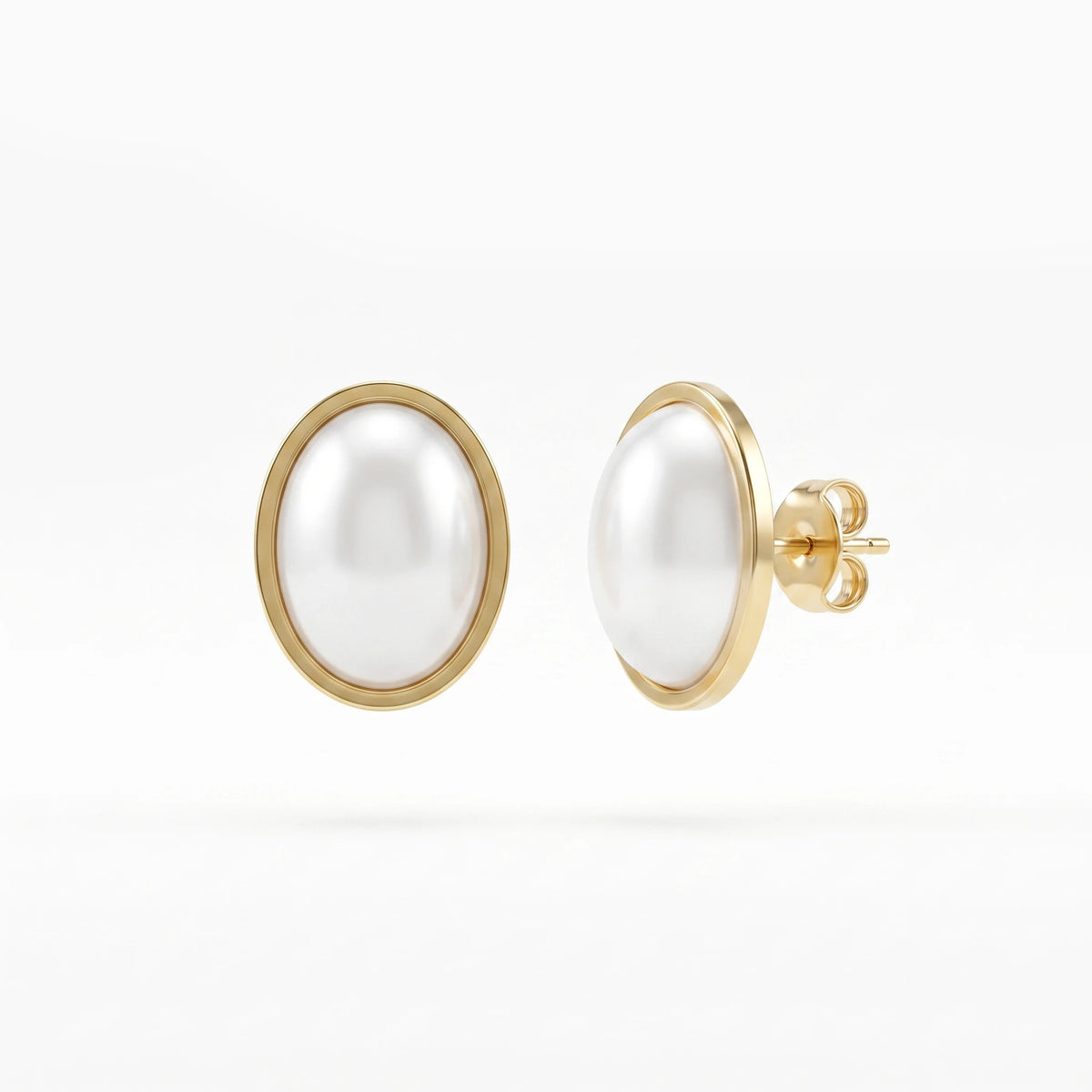 QIAOREN 13970 Stainless Steel Pearl Stud Earrings Gold Oval Pearl Earrings Minimalist Dainty Jewelry for Women
