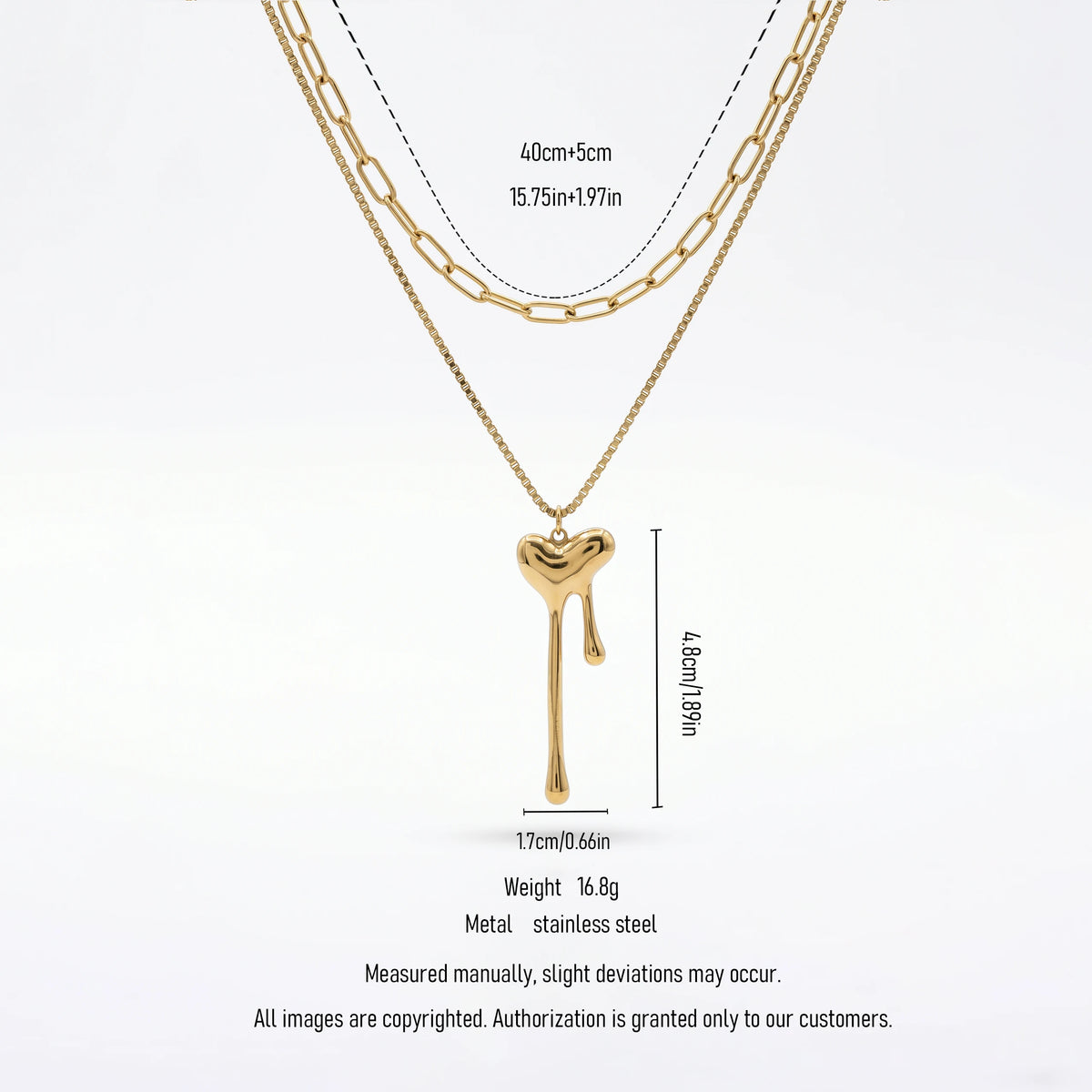 QIAOREN 11625 Stainless Steel 18K Gold Layered Necklace Melting Heart Pendant Double Chain Adjustable Jewelry for Women