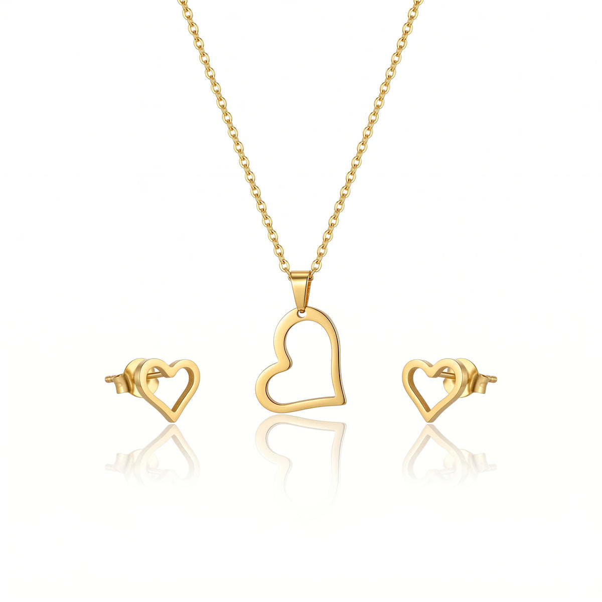 QIAOREN 11741 Waterproof 18K Gold Open Heart Jewelry Set Stainless Steel Beach-Ready Necklace & Earrings