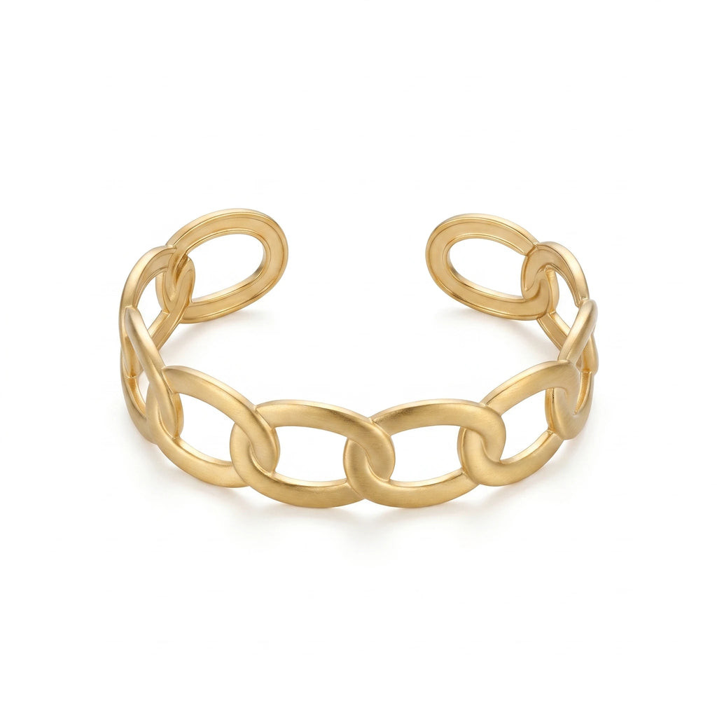 QIAOREN 12707 Minimalist Interwoven Oval Link Cuff Bracelet Stainless Steel Adjustable Open Gold Ladies Accessory