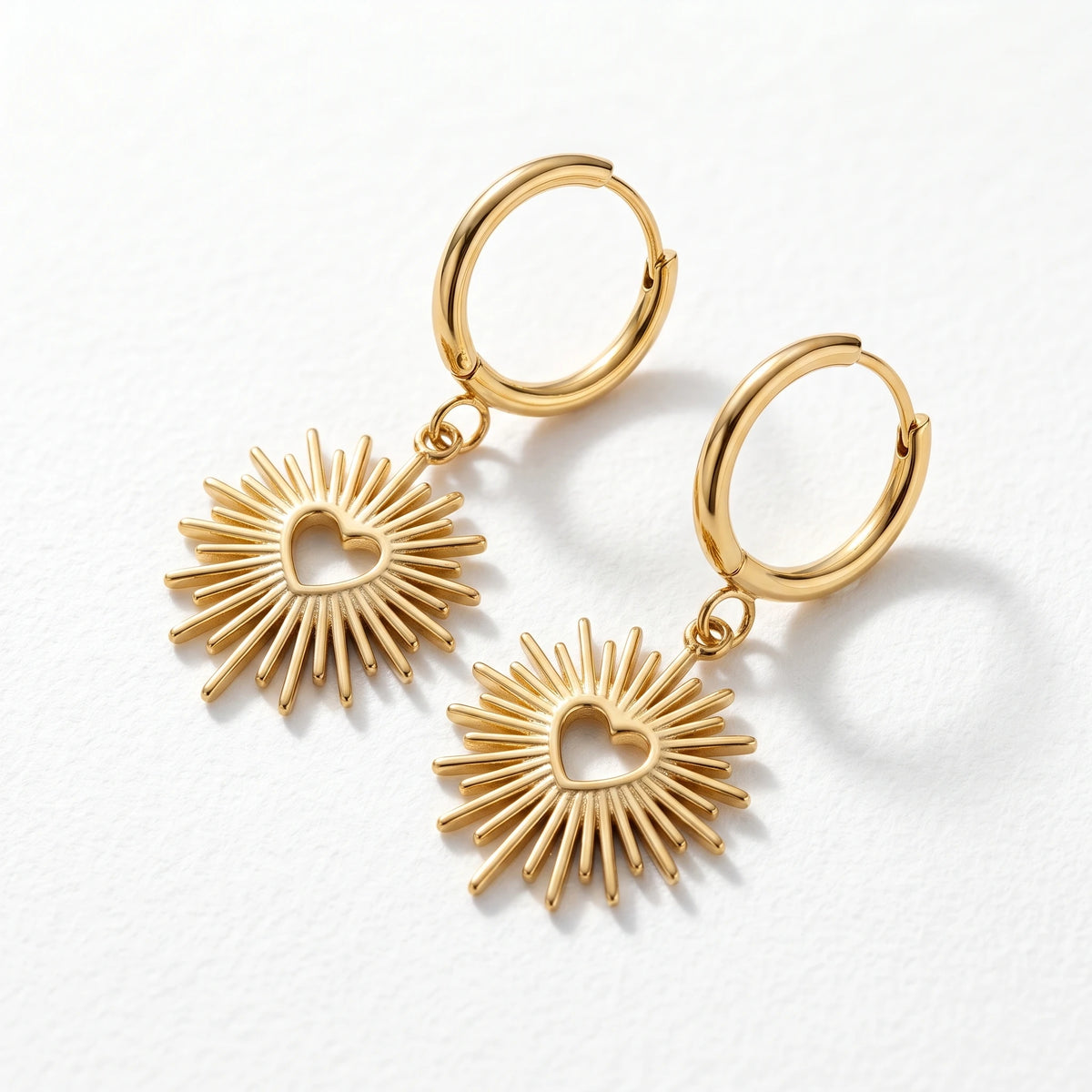 QIAOREN 10965 Romantic Heart Sunburst Earrings, 18K Gold Plated Stainless Steel Chic Statement Jewelry