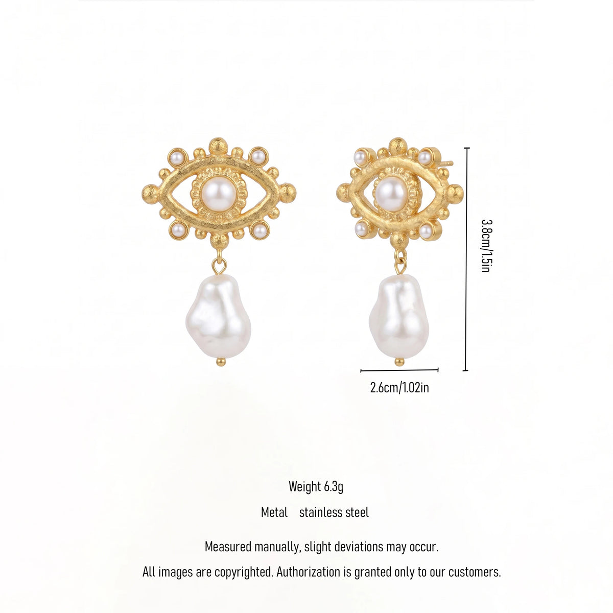 QIAOREN 13439 Textured Matte Stud Earrings With Tiny Round Pearl Inlay, Irregular Freshwater Pearl Dangle Ear Jewelry