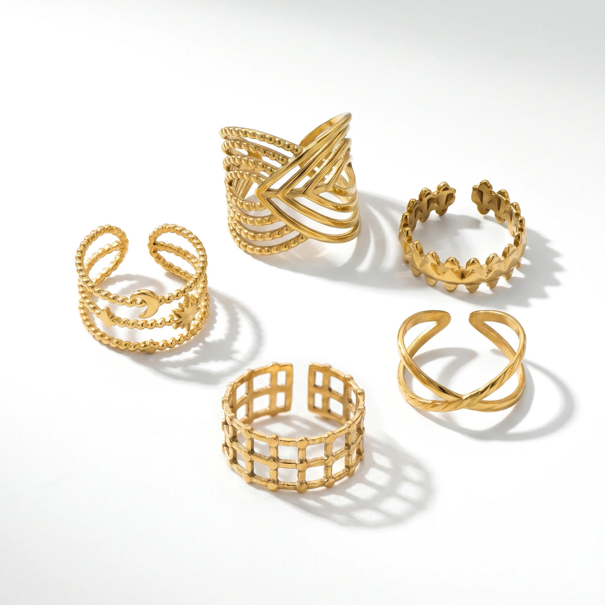 QIAOREN 13126-30 5Pcs 18K Gold Plated Stainless Steel Open Ring Set, Adjustable Stackable Durable Finger Rings
